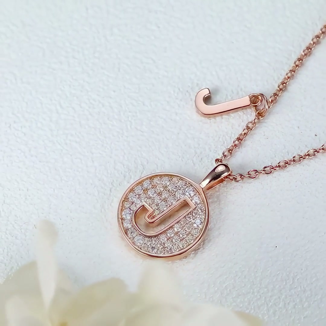 Initial J Moissanite Pendant Necklace | Pave Disc | Rose Gold Plated 925 Silver product video thumbnail