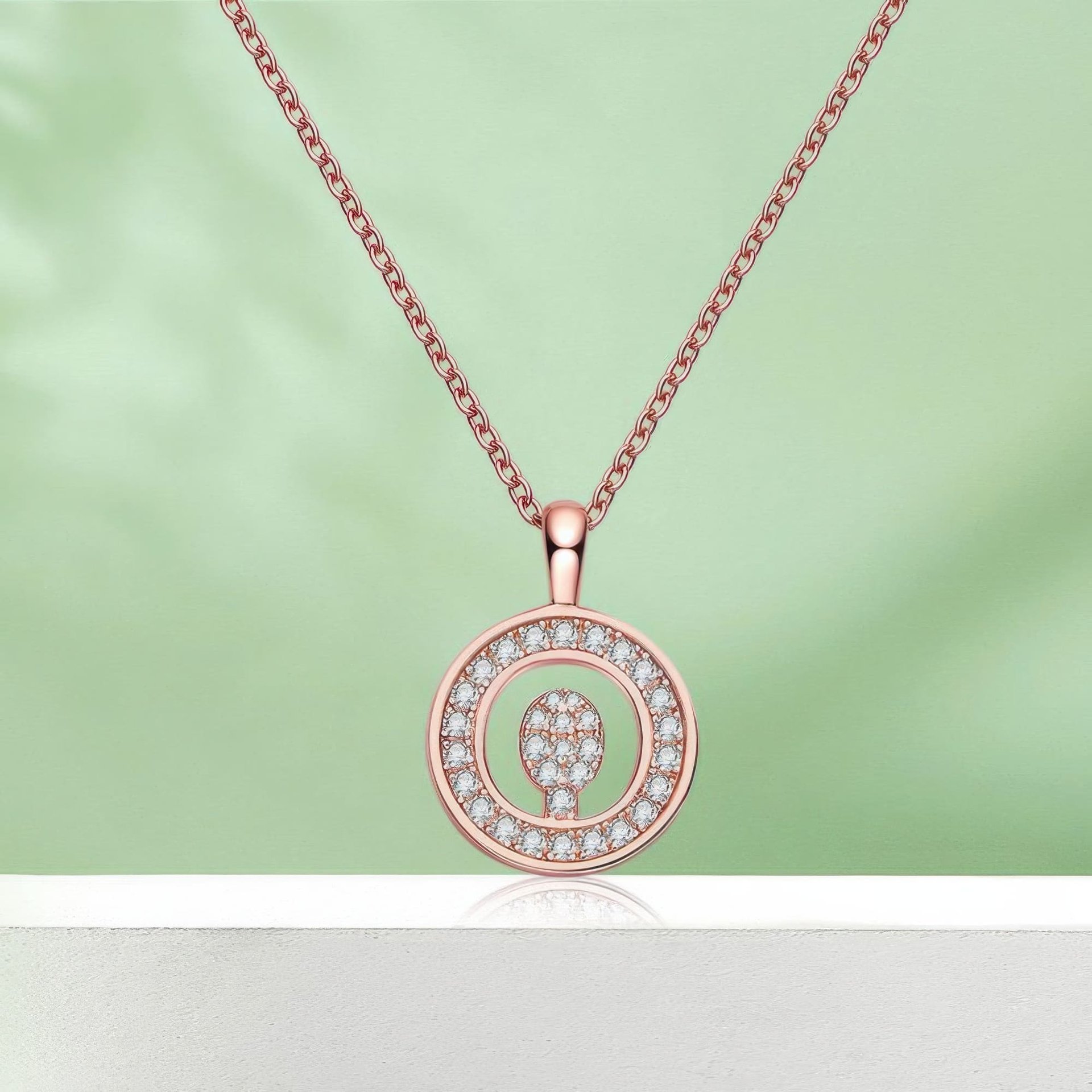 Initial Q Moissanite Necklace | Rose Gold Pavé Letter Disc Pendant - Image 4