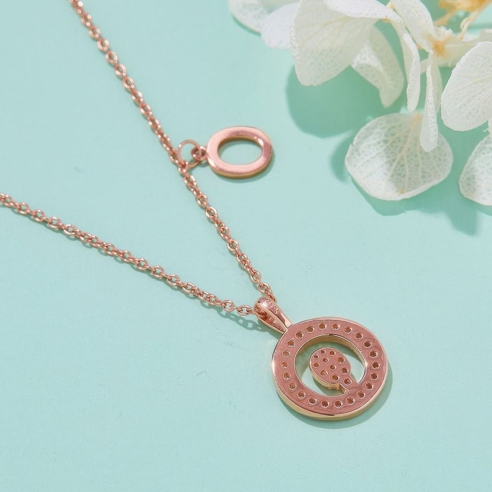 Initial Q Moissanite Necklace | Rose Gold Pavé Letter Disc Pendant - Image 3