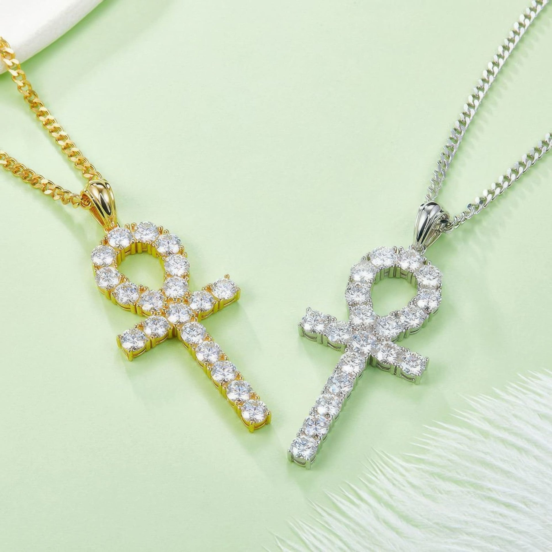 Moissanite Ankh Cross Pendant Necklace | Prong-Set Round Stones in Sterling Silver - Image 4