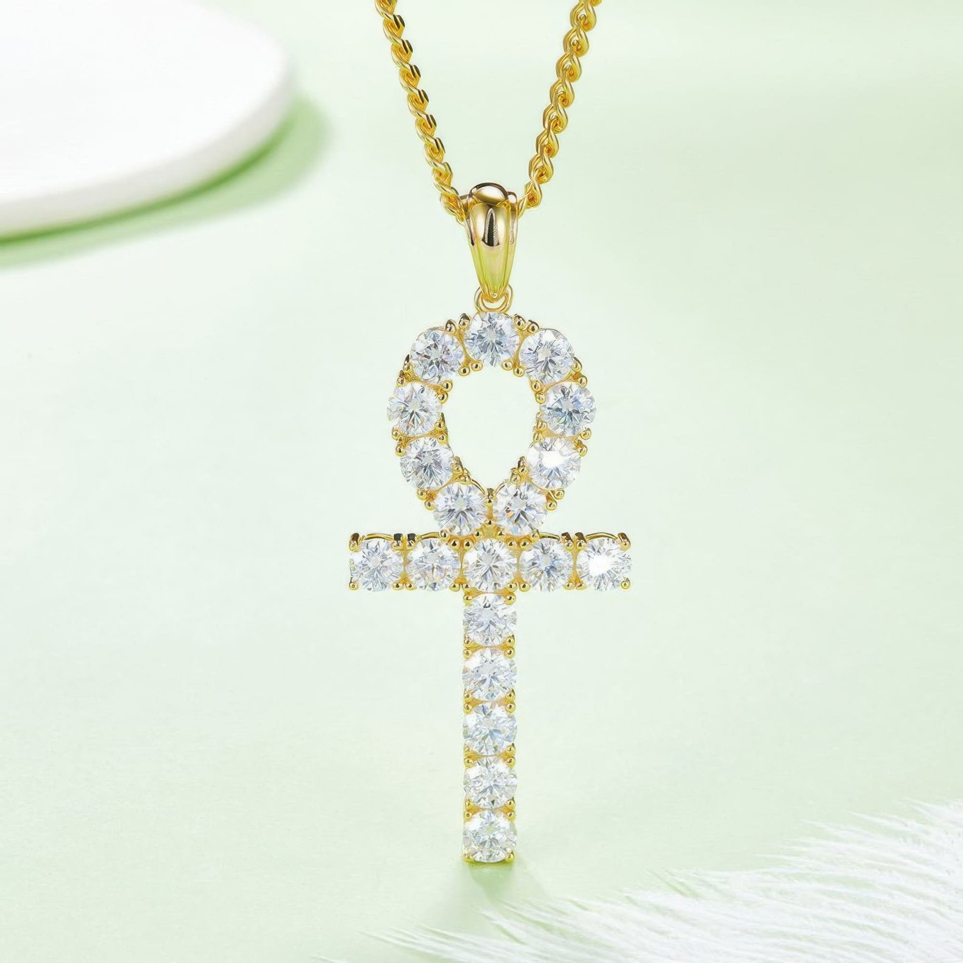 Moissanite Ankh Cross Pendant Necklace | Prong-Set Round Stones in Sterling Silver - Image 6