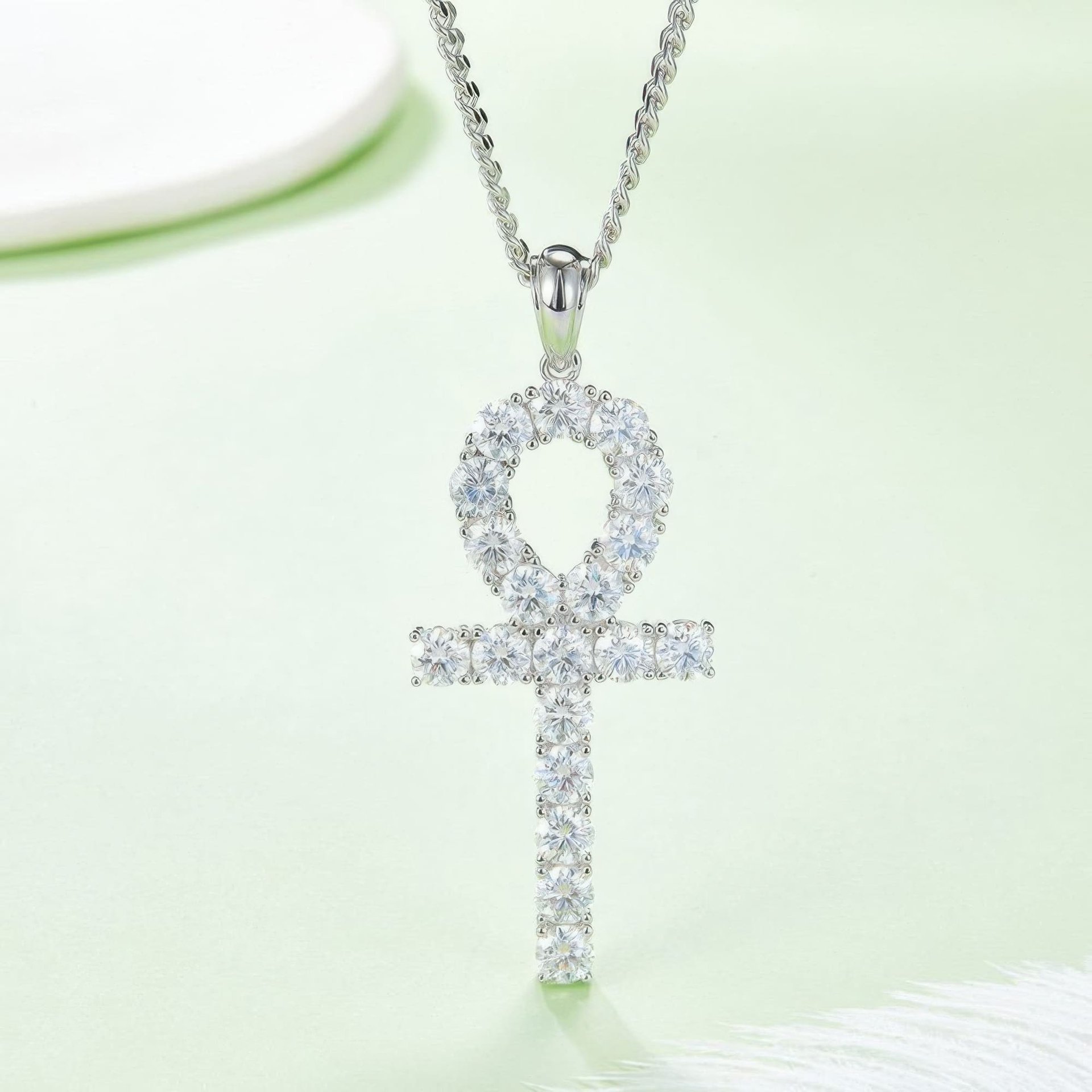 Moissanite Ankh Cross Pendant Necklace | Prong-Set Round Stones in Sterling Silver - Image 3