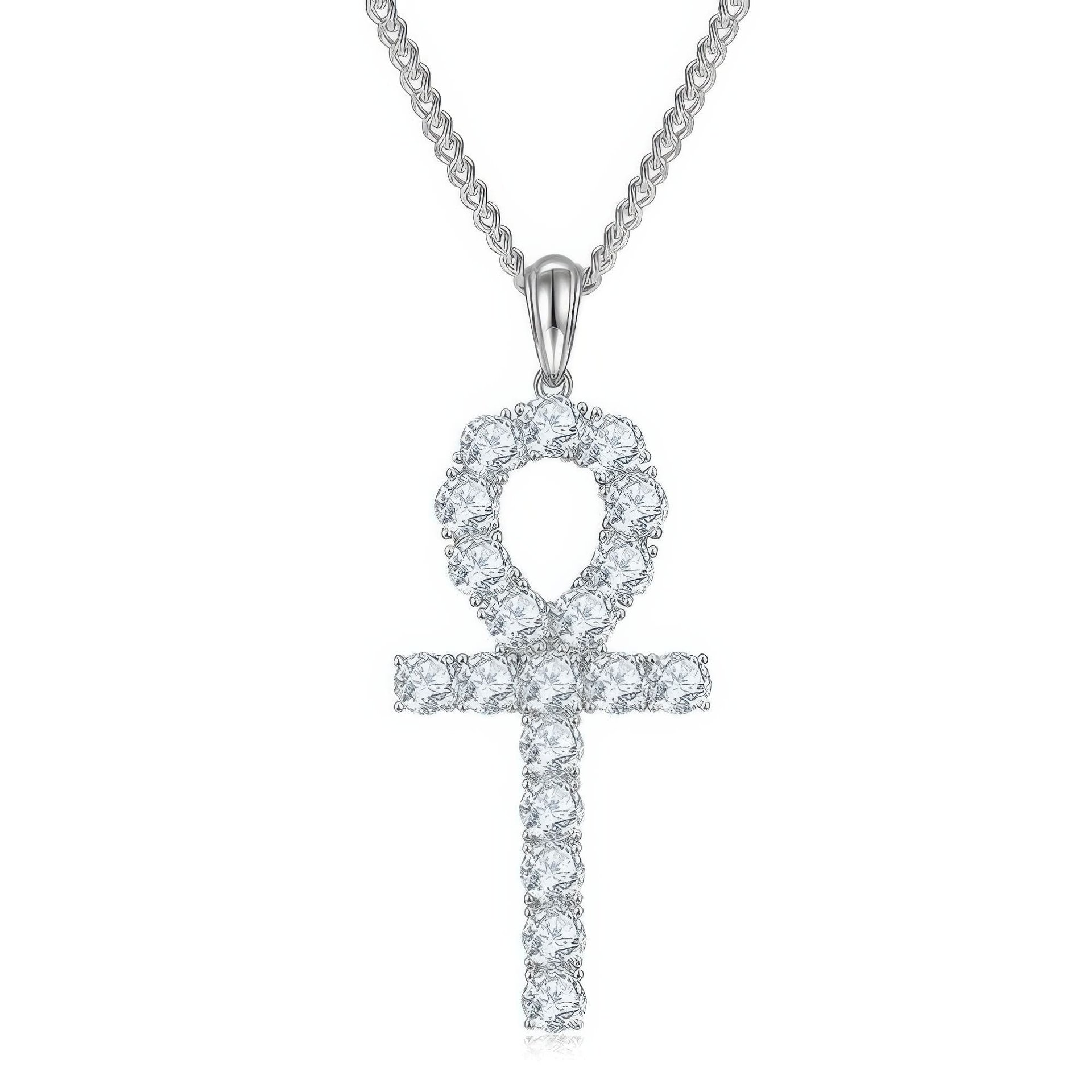 Moissanite Ankh Cross Pendant Necklace | Prong-Set Round Stones in Sterling Silver