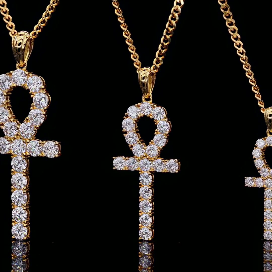 Moissanite Ankh Cross Pendant Necklace | Fully Pave Key-of-Life | White & Yellow Gold Plated Silver product video thumbnail