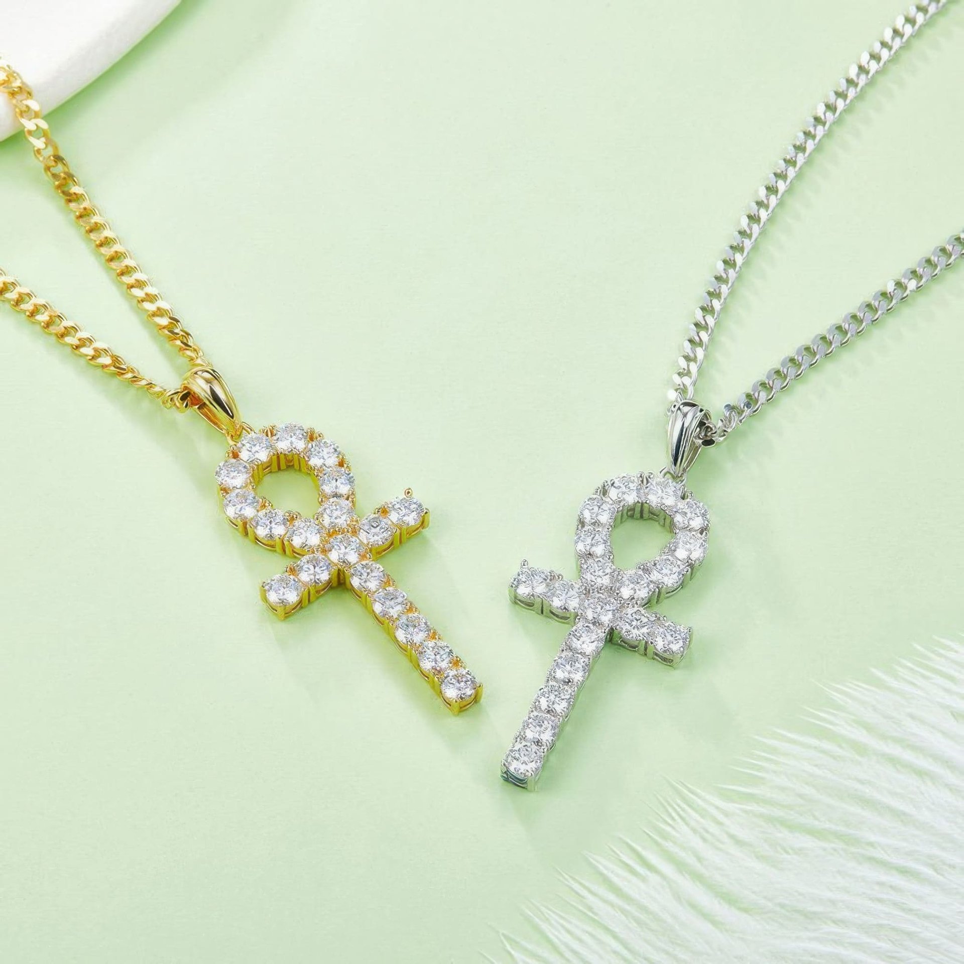 Moissanite Ankh Cross Pendant Necklace | Fully Pave Key-of-Life | White & Yellow Gold Plated Silver - Image 4