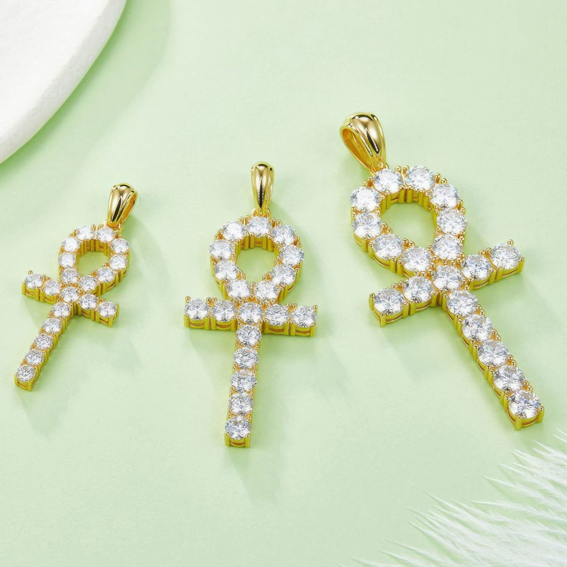 Moissanite Ankh Cross Pendant Necklace | Fully Pave Key-of-Life | White & Yellow Gold Plated Silver - Image 5