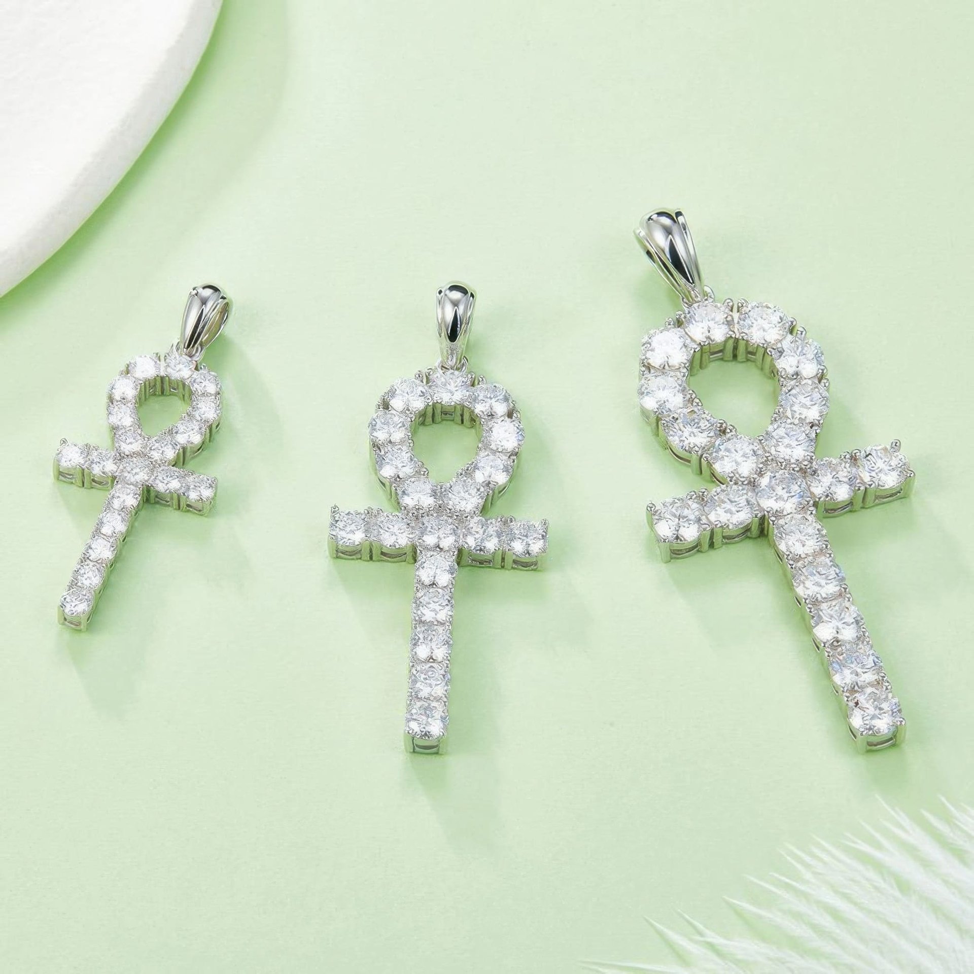 Moissanite Ankh Cross Pendant Necklace | Fully Pave Key-of-Life | White & Yellow Gold Plated Silver - Image 2
