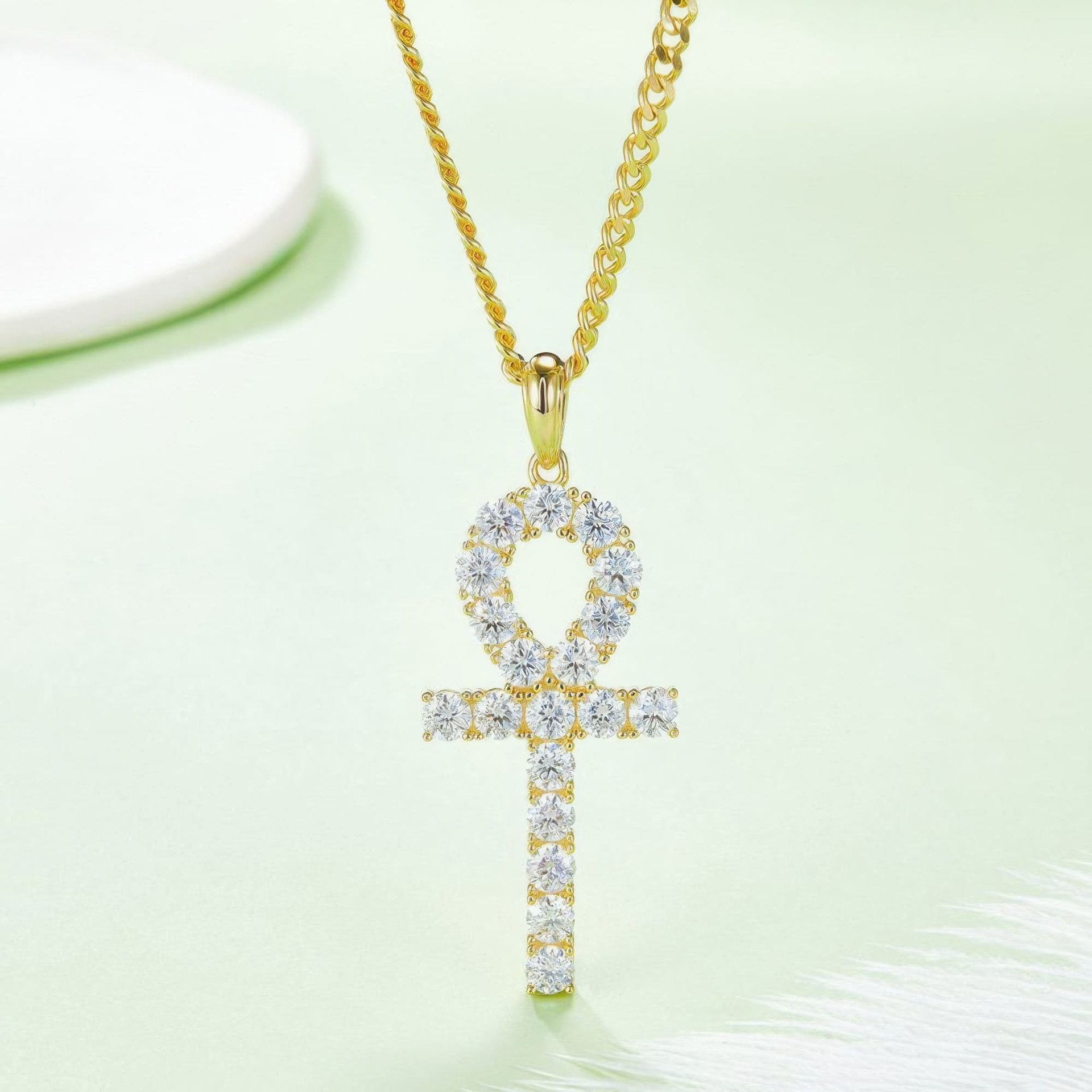 Moissanite Ankh Cross Pendant Necklace | Fully Pave Key-of-Life | White & Yellow Gold Plated Silver - Image 6