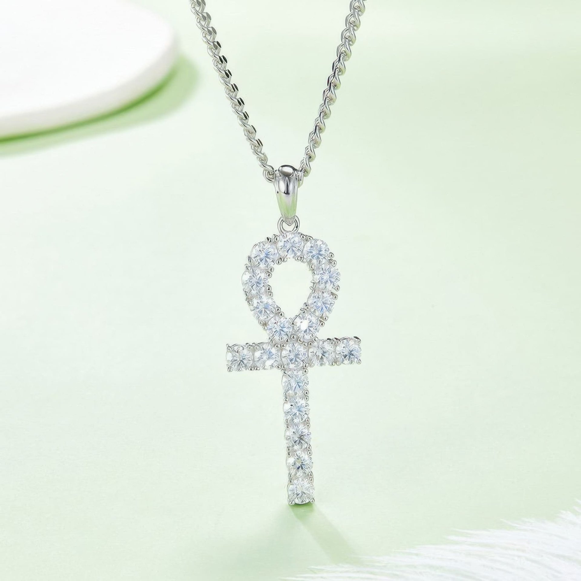 Moissanite Ankh Cross Pendant Necklace | Fully Pave Key-of-Life | White & Yellow Gold Plated Silver - Image 3