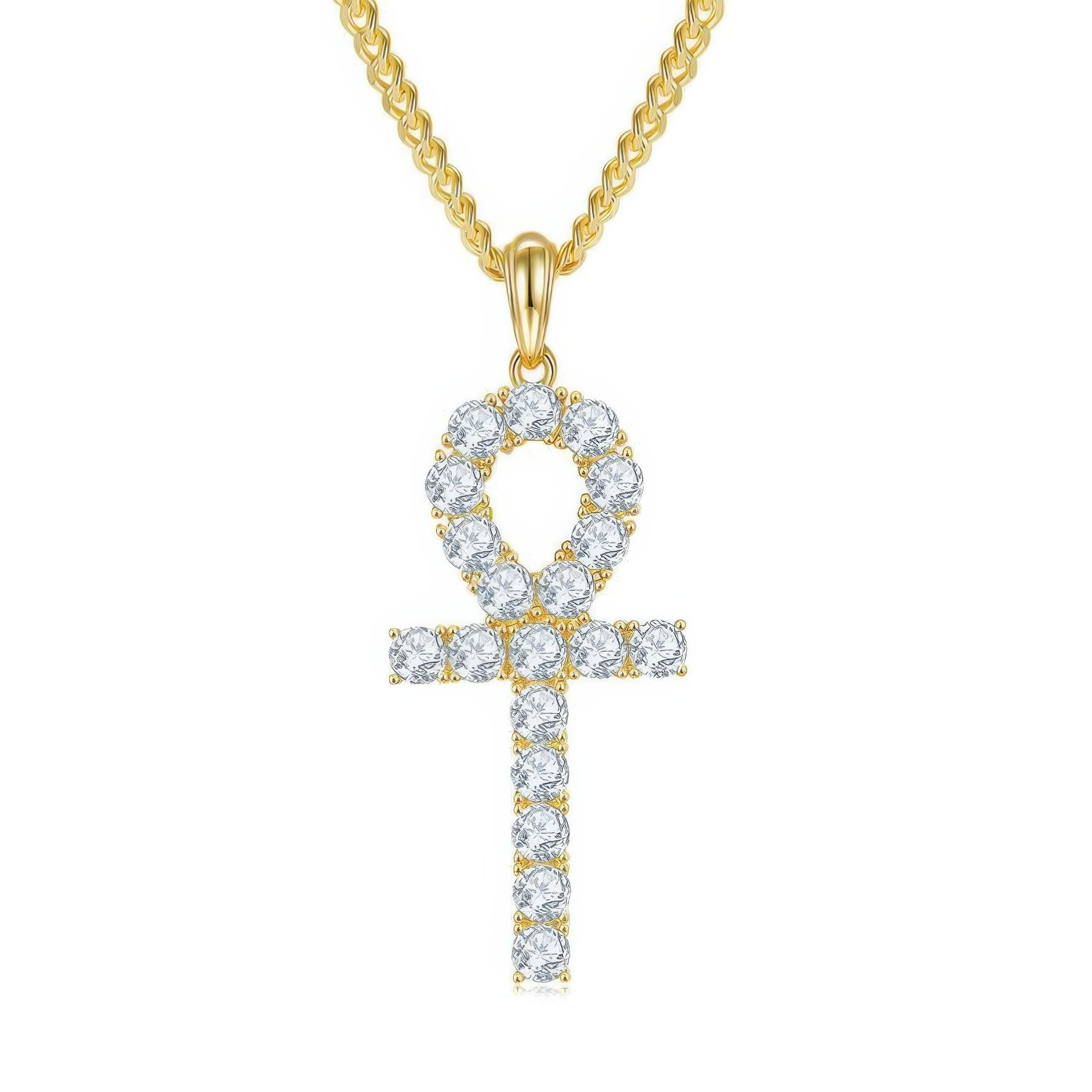 Moissanite Ankh Cross Pendant Necklace | Fully Pave Key-of-Life | White & Yellow Gold Plated Silver - Image 7