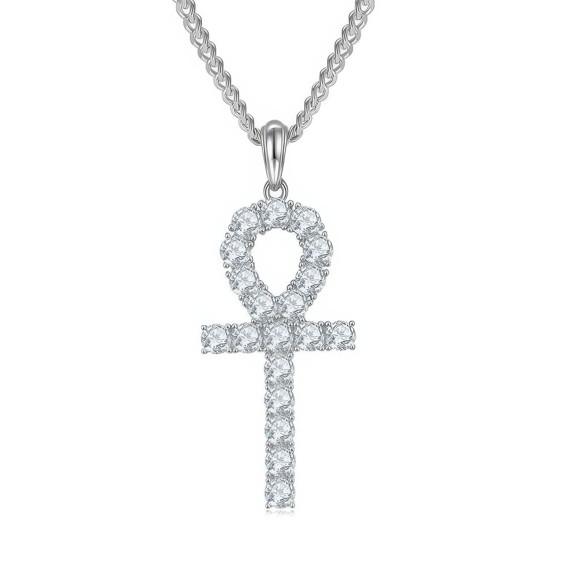 Moissanite Ankh Cross Pendant Necklace | Fully Pave Key-of-Life | White & Yellow Gold Plated Silver