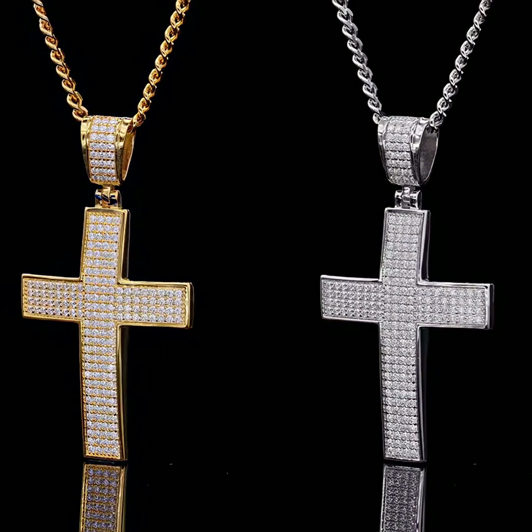Men's Pave Moissanite Cross Pendant Necklace | Fully Iced 925 Silver | Latin Cross product video thumbnail