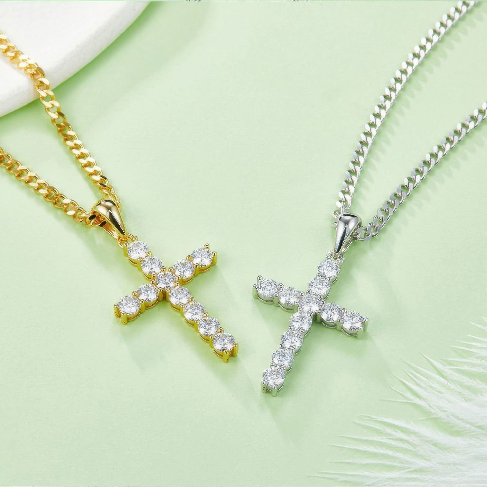 Round-Cut Moissanite Cross Pendant Necklace | 11-Stone Prong-Set Sterling Silver - Image 2