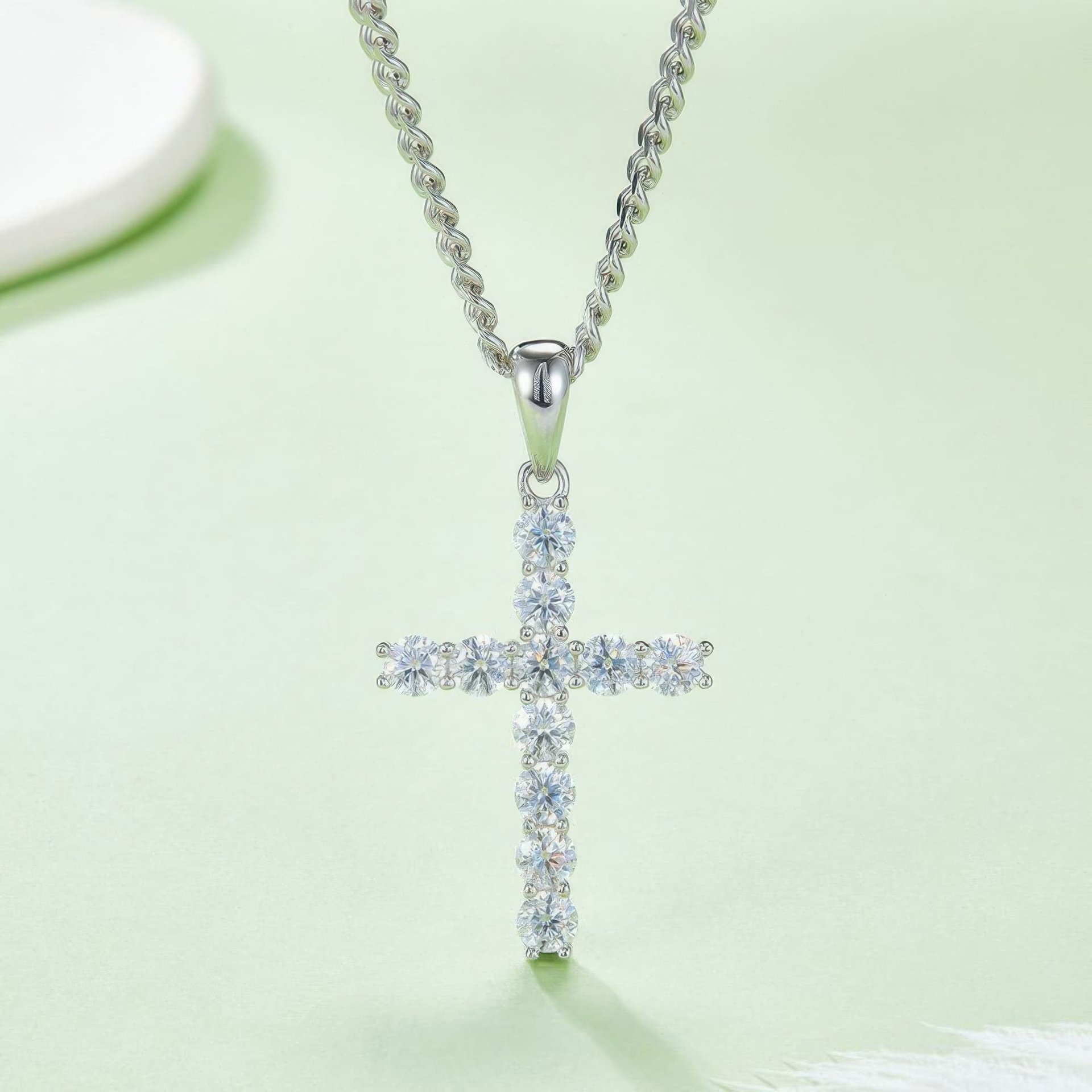 Round-Cut Moissanite Cross Pendant Necklace | 11-Stone Prong-Set Sterling Silver - Image 5