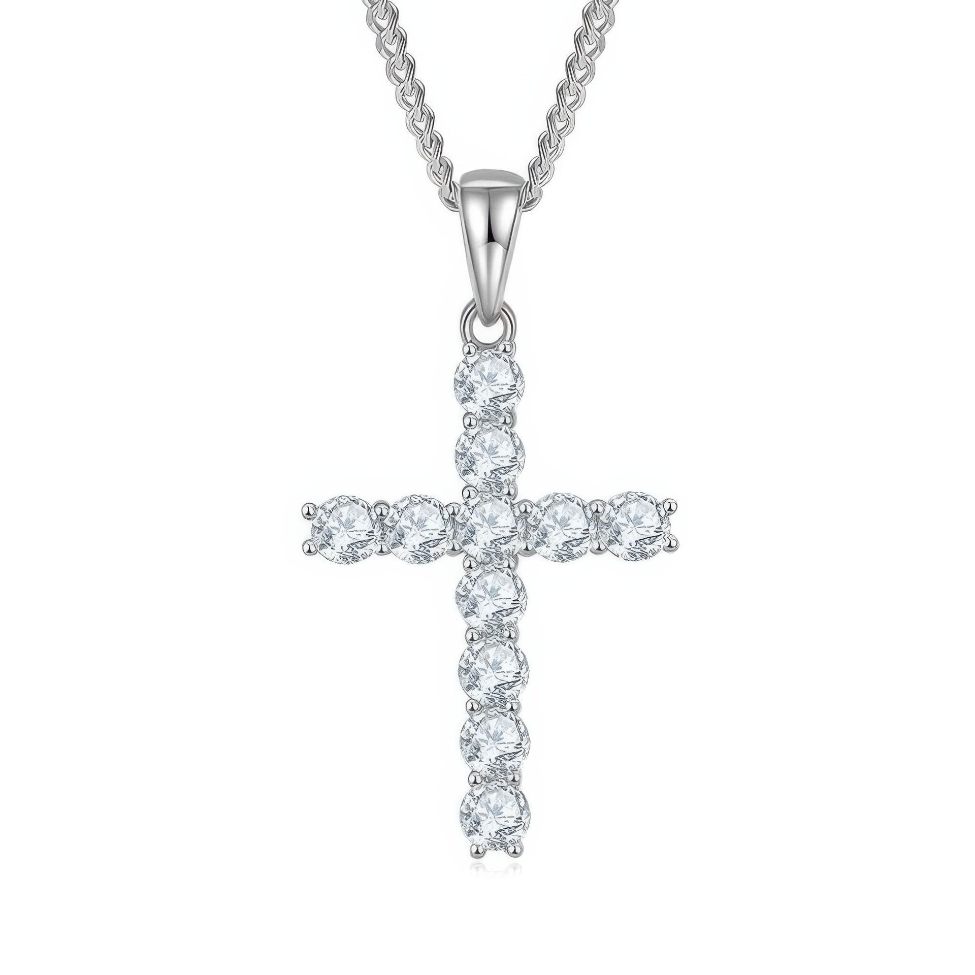 Round-Cut Moissanite Cross Pendant Necklace | 11-Stone Prong-Set Sterling Silver