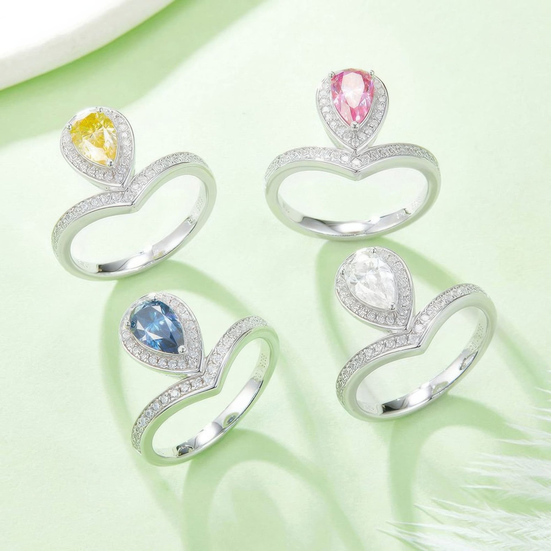 1ct Pear-Cut Moissanite V-Band Ring | Halo Solitaire | 925 Sterling Silver - Image 3