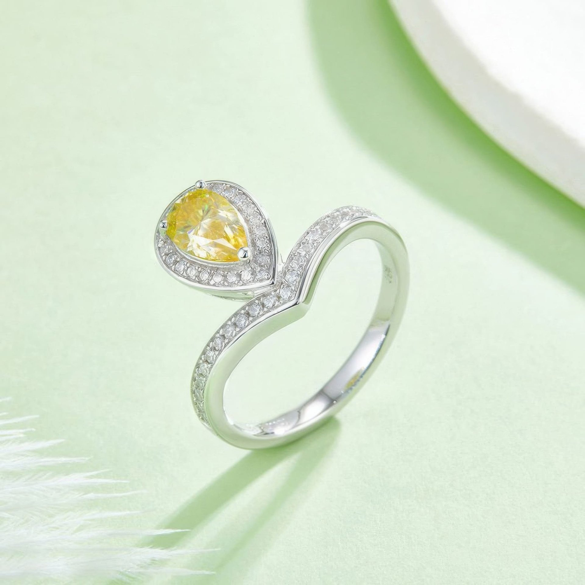 1ct Pear-Cut Moissanite V-Band Ring | Halo Solitaire | 925 Sterling Silver - Image 5