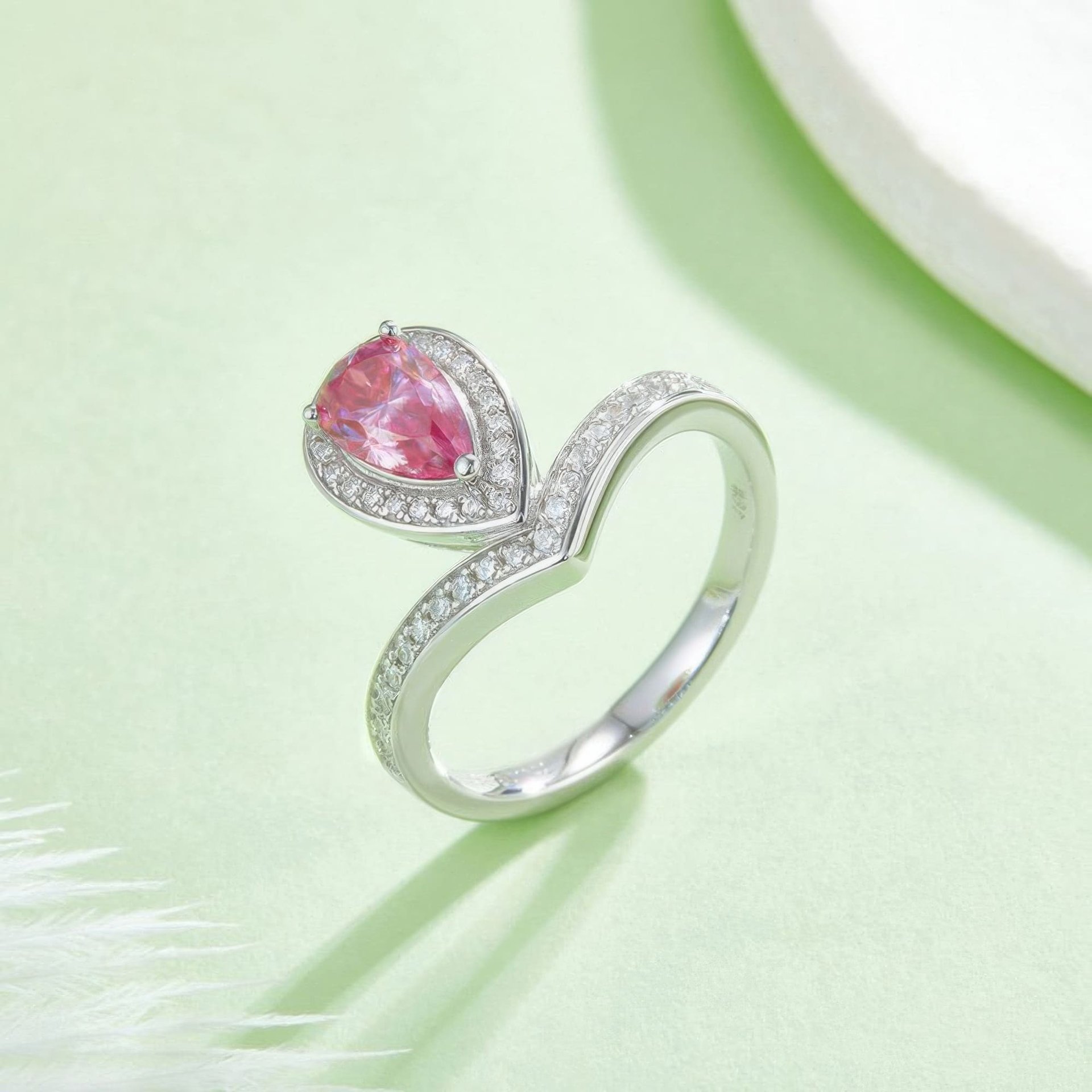 1ct Pear-Cut Moissanite V-Band Ring | Halo Solitaire | 925 Sterling Silver - Image 6