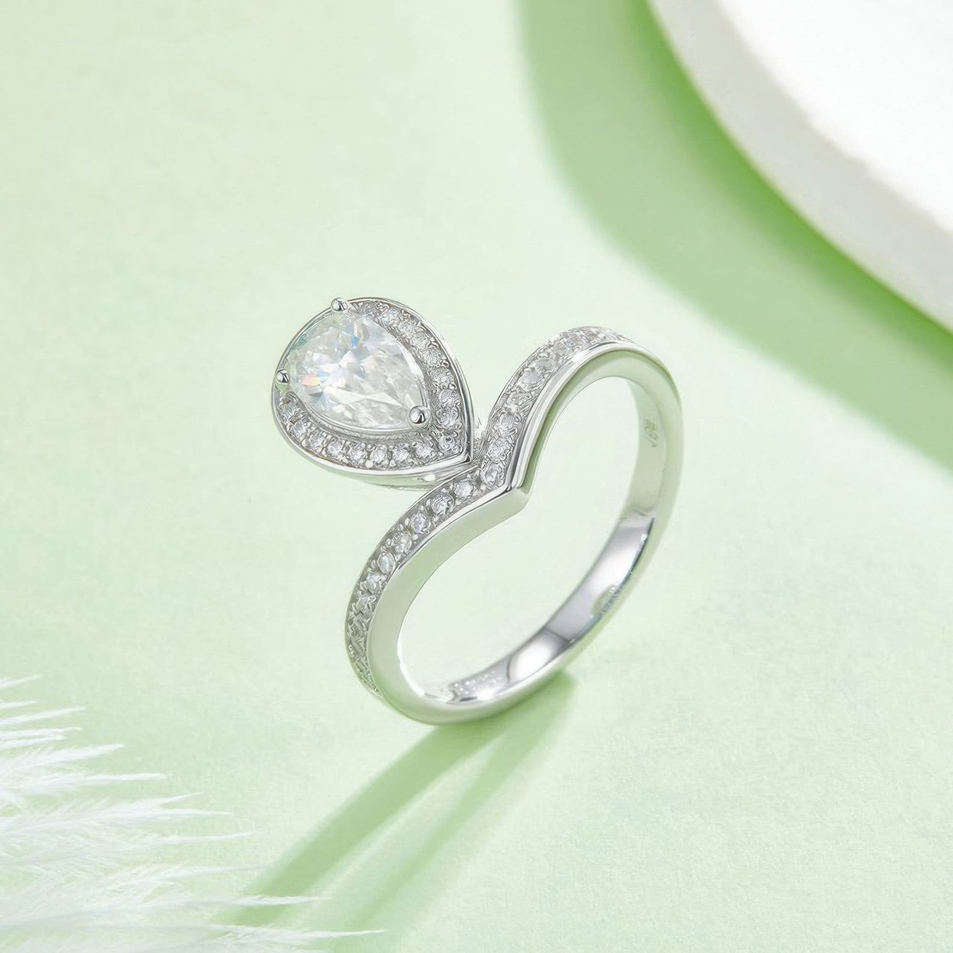 1ct Pear-Cut Moissanite V-Band Ring | Halo Solitaire | 925 Sterling Silver - Image 2