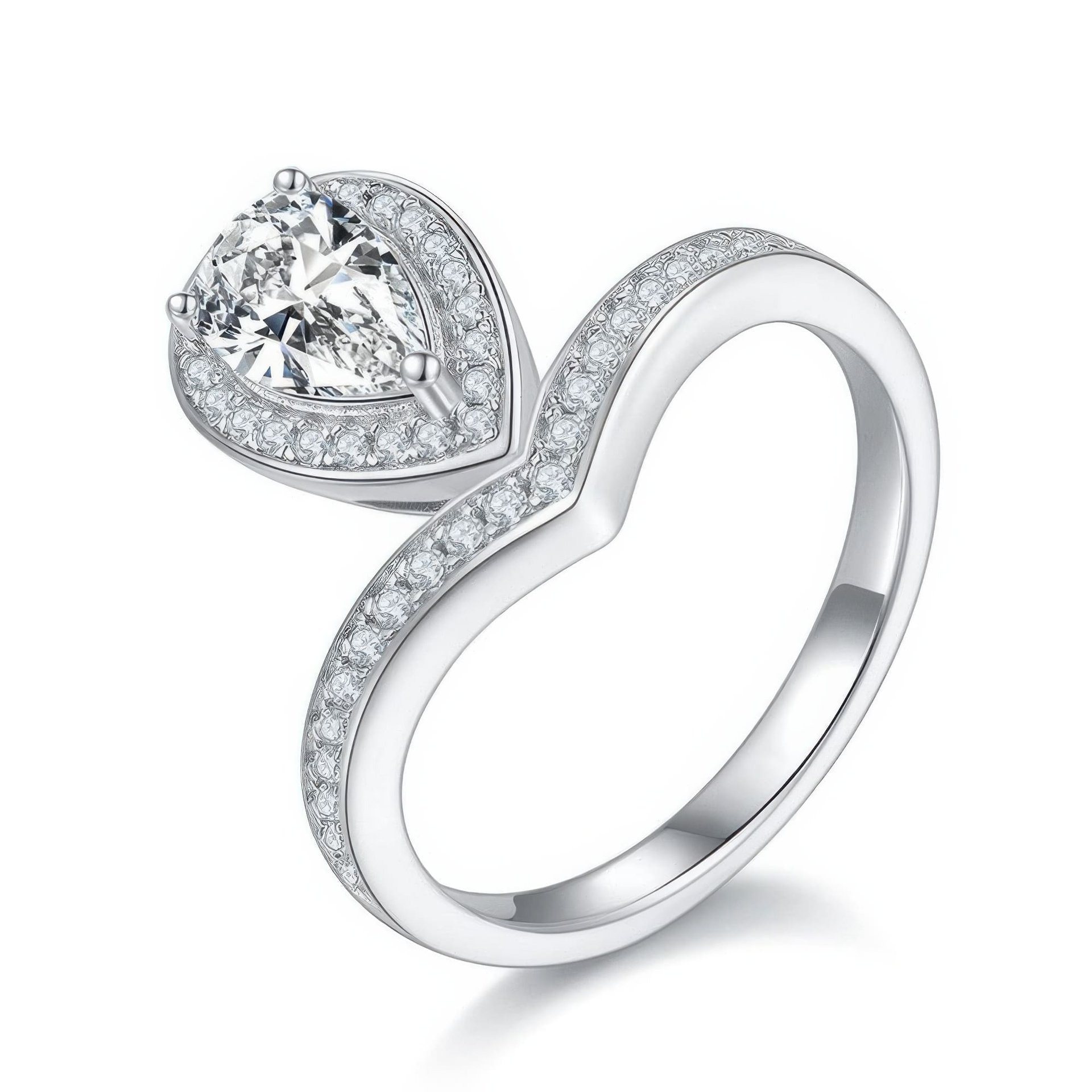 1ct Pear-Cut Moissanite V-Band Ring | Halo Solitaire | 925 Sterling Silver