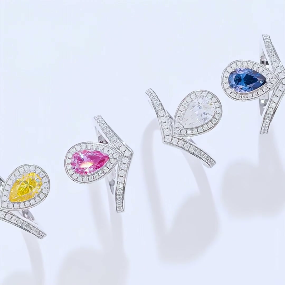 1ct Pear-Cut Moissanite V-Band Ring | Halo Solitaire | 925 Sterling Silver product video thumbnail