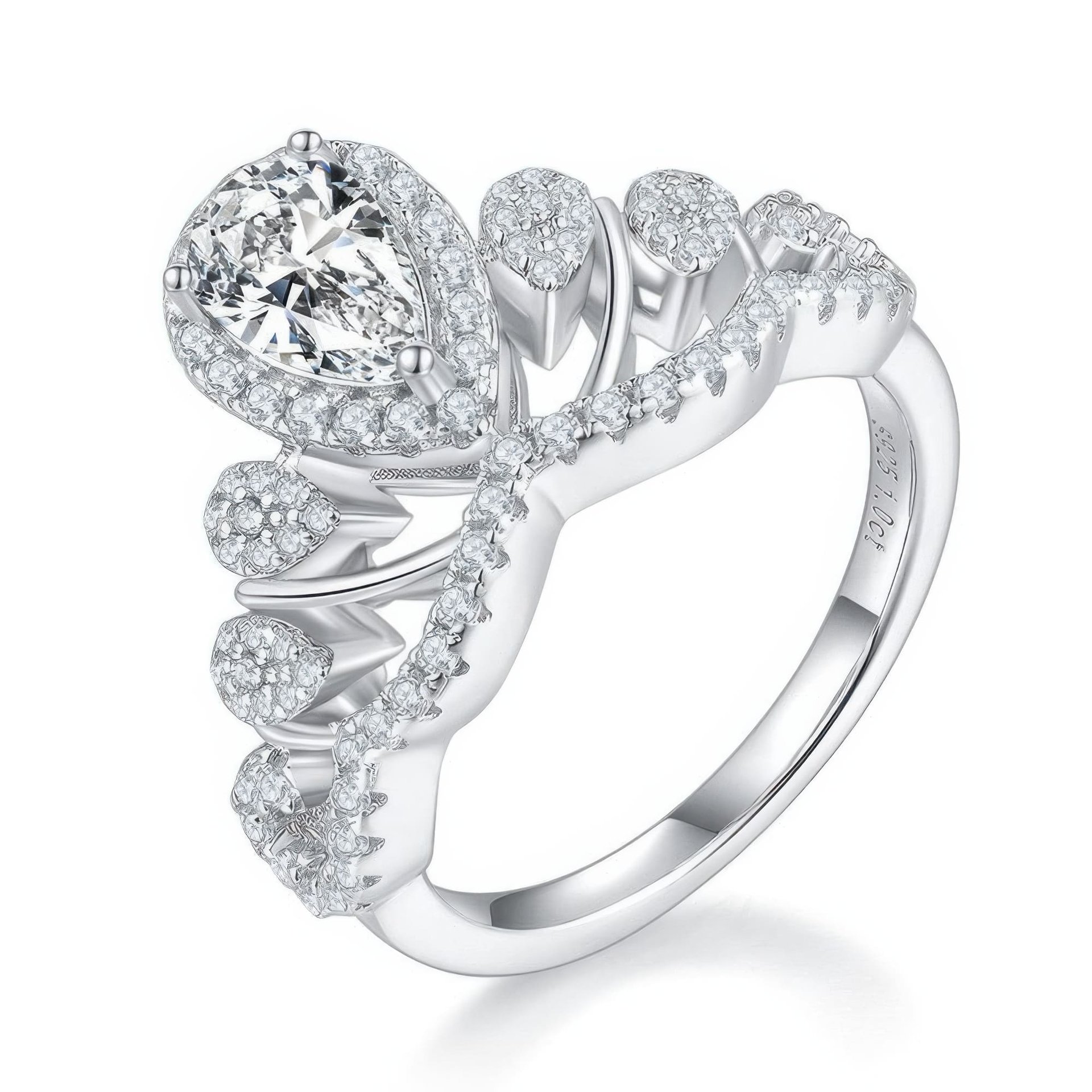 1ct Pear Cut Halo Crown Moissanite Ring | DEF Colorless | 925 Sterling Silver