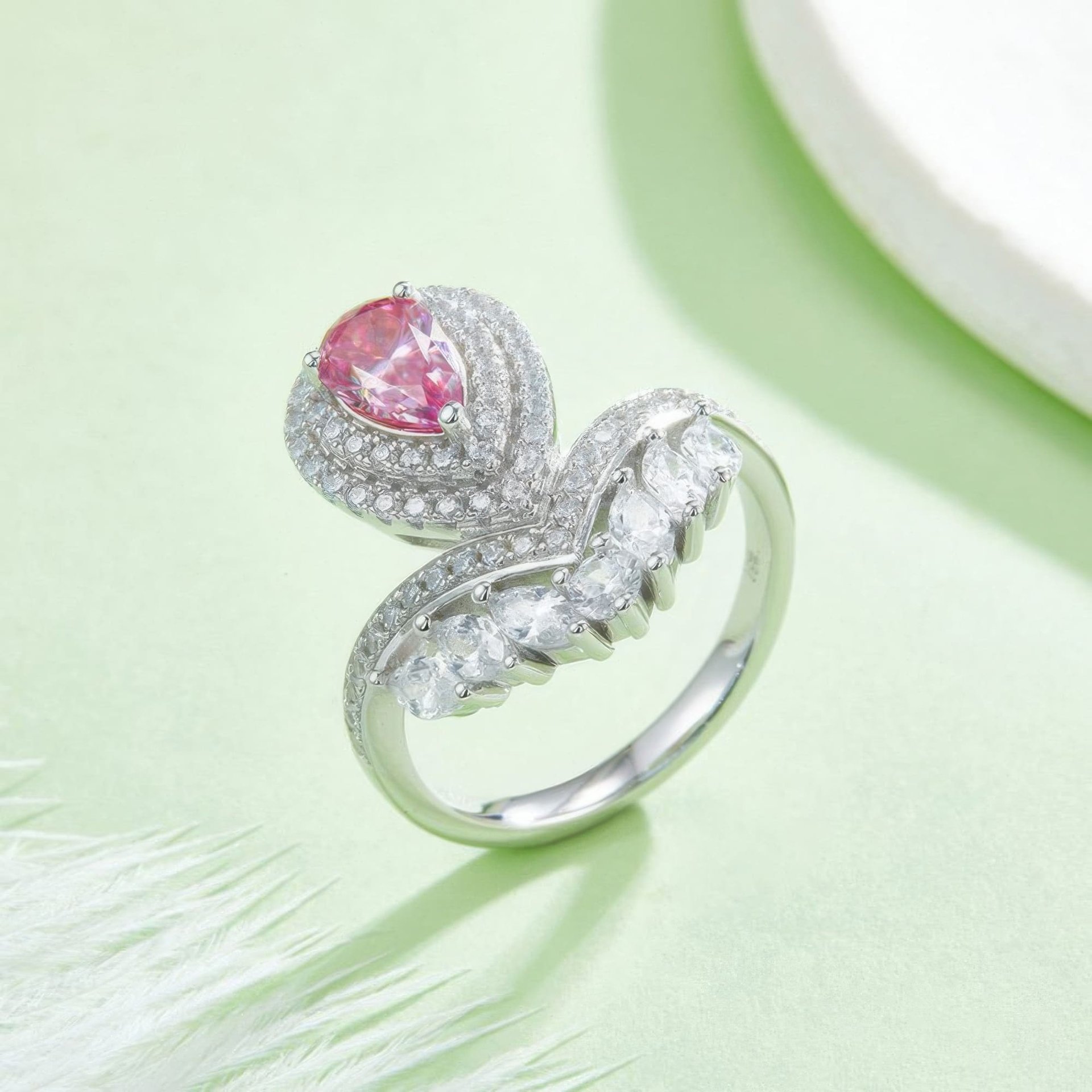 Pear Cut Moissanite Bypass Ring | Marquise Wing Crown | 925 Sterling Silver - Image 6