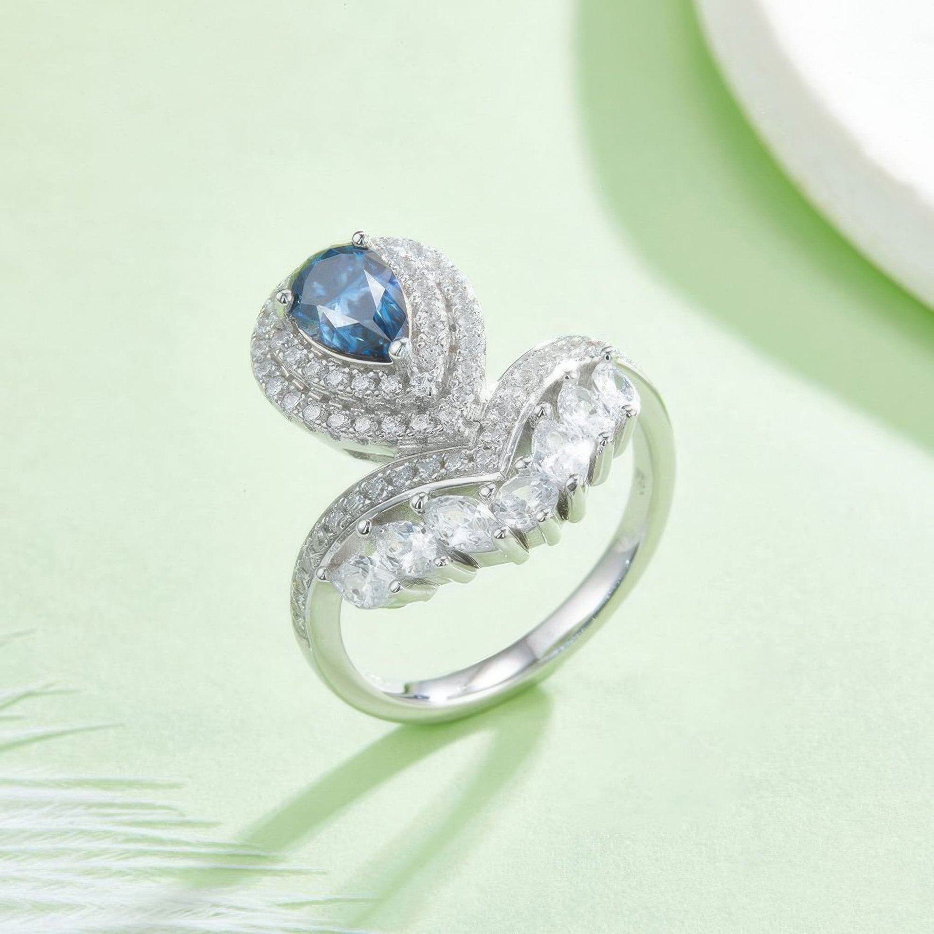 Pear Cut Moissanite Bypass Ring | Marquise Wing Crown | 925 Sterling Silver - Image 7