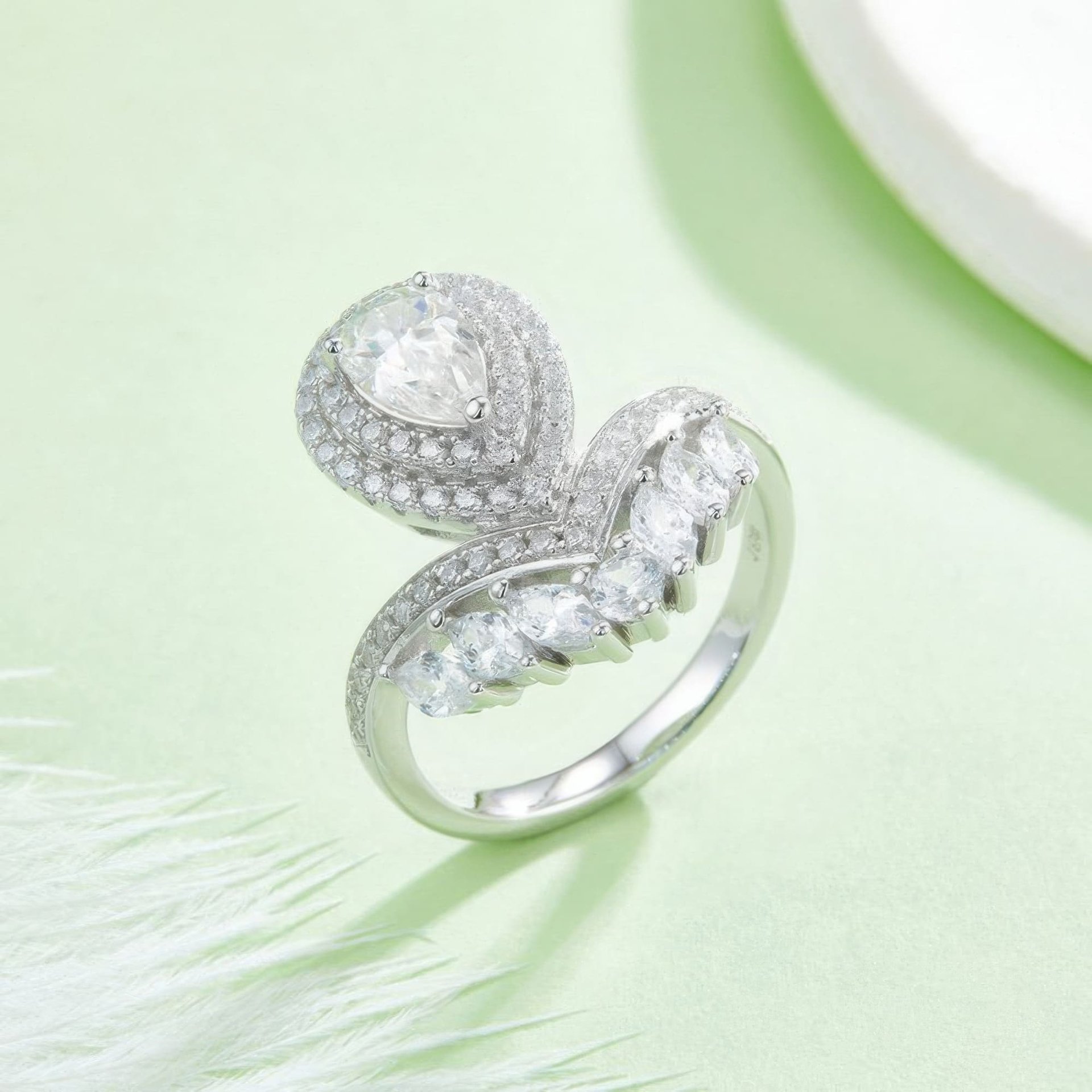 Pear Cut Moissanite Bypass Ring | Marquise Wing Crown | 925 Sterling Silver - alternate view