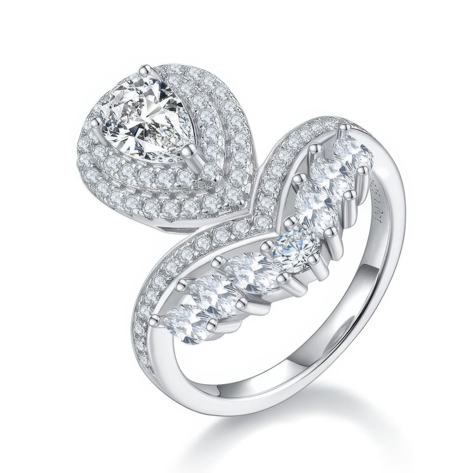 Pear Cut Moissanite Bypass Ring | Marquise Wing Crown | 925 Sterling Silver