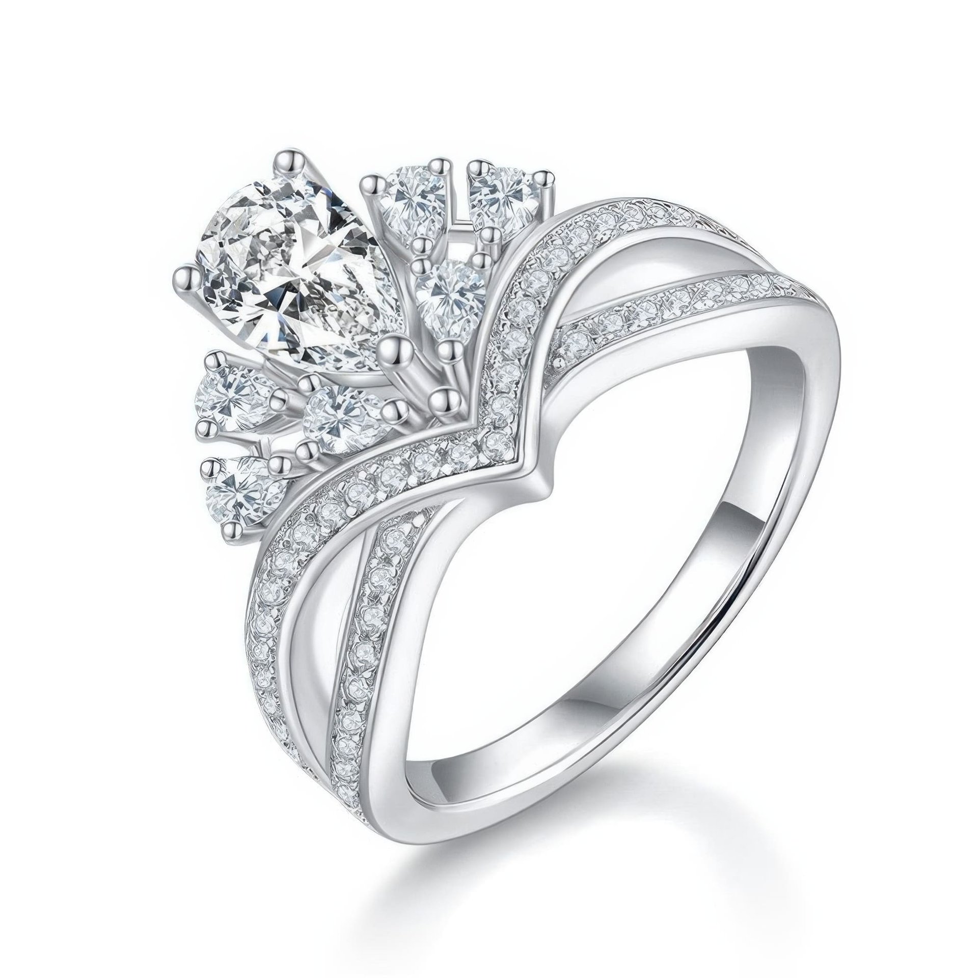 Vintage Crown Pear Cut Moissanite Ring | 1ct DEW Tiara Cluster | 925 Silver