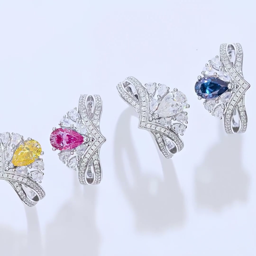 Vintage Crown Pear Cut Moissanite Ring | 1ct DEW Tiara Cluster | 925 Silver product video thumbnail