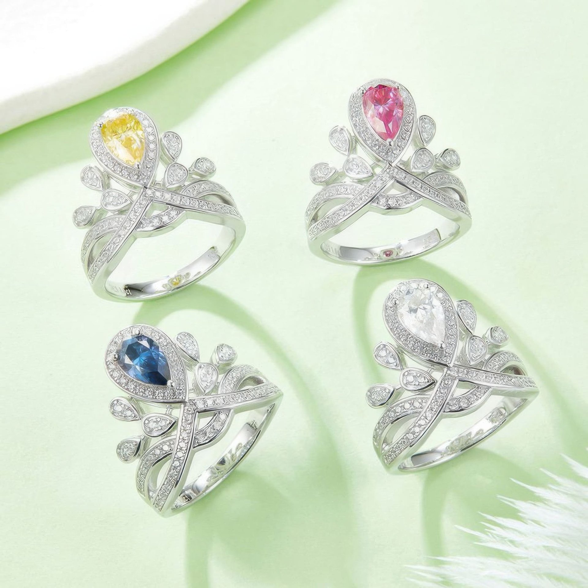 Pear Cut Moissanite Crown Ring | Leaf Pave Tiara | 925 Sterling Silver - Image 3