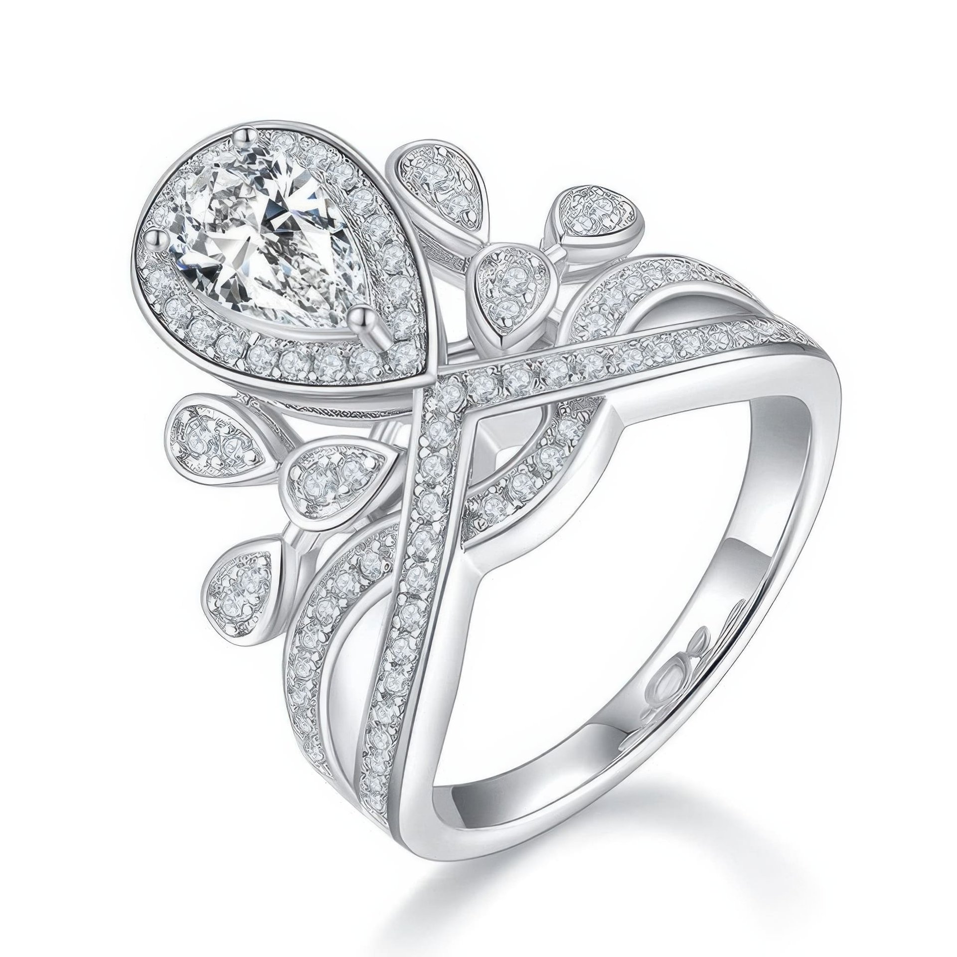 Pear Cut Moissanite Crown Ring | Leaf Pave Tiara | 925 Sterling Silver