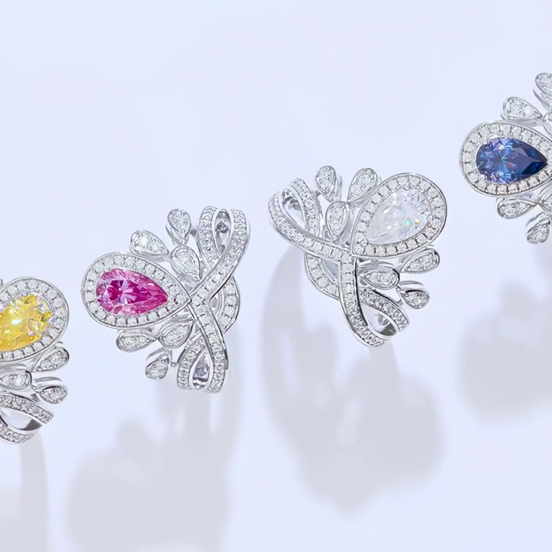 Pear Cut Moissanite Crown Ring | Leaf Pave Tiara | 925 Sterling Silver product video thumbnail