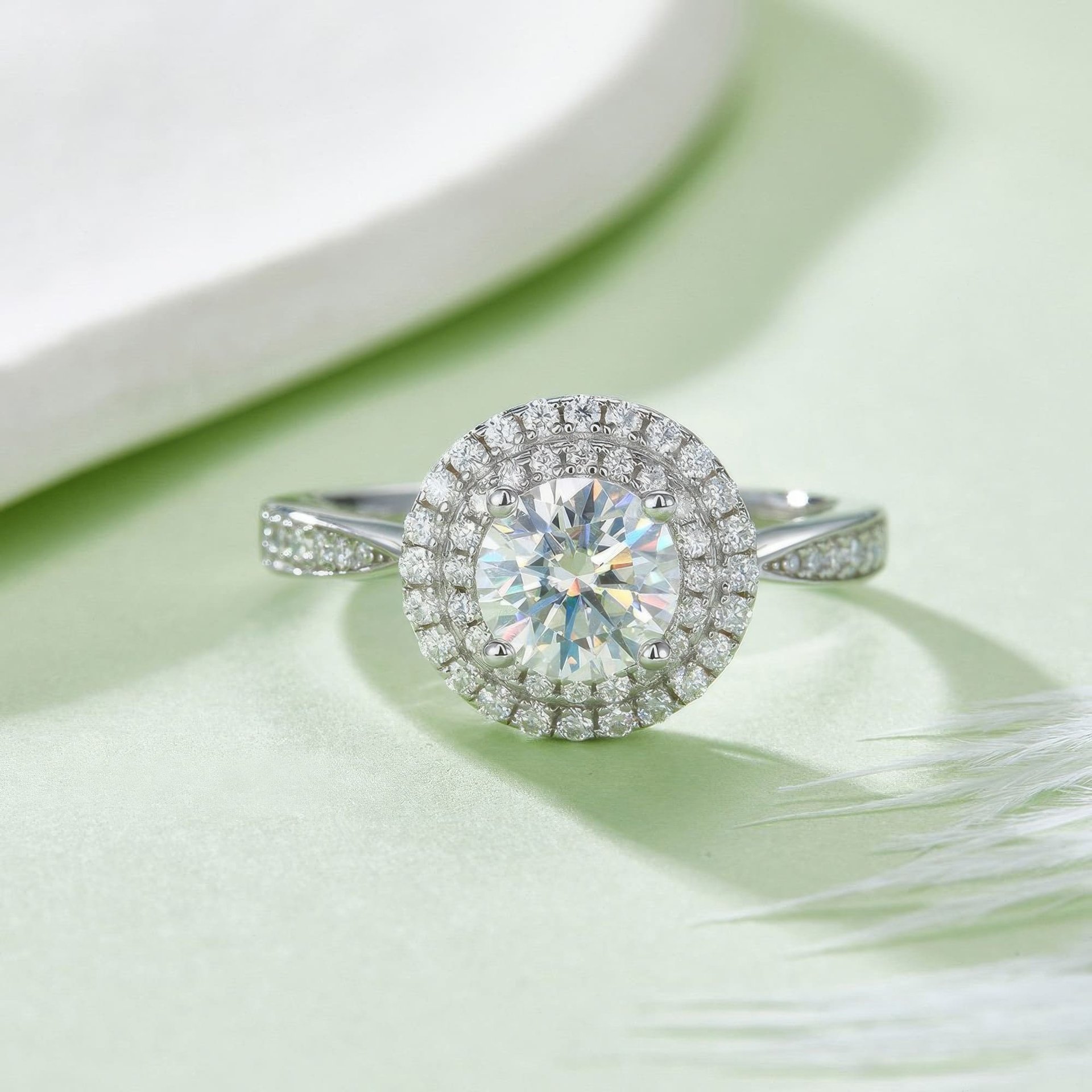 1 Carat Moissanite Double Halo Ring | Prong-Set Round Cut Sterling Silver Pavé Band - Image 2