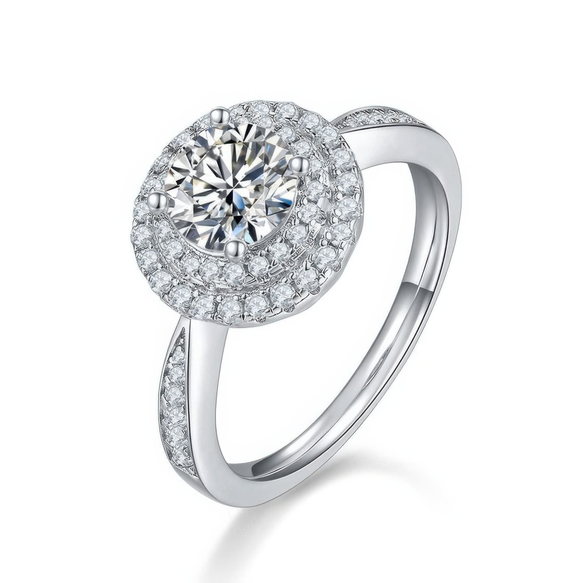 1 Carat Moissanite Double Halo Ring | Prong-Set Round Cut Sterling Silver Pavé Band