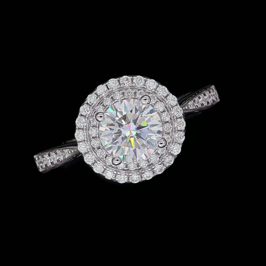 1 Carat Moissanite Double Halo Ring | Prong-Set Round Cut Sterling Silver Pavé Band product video thumbnail