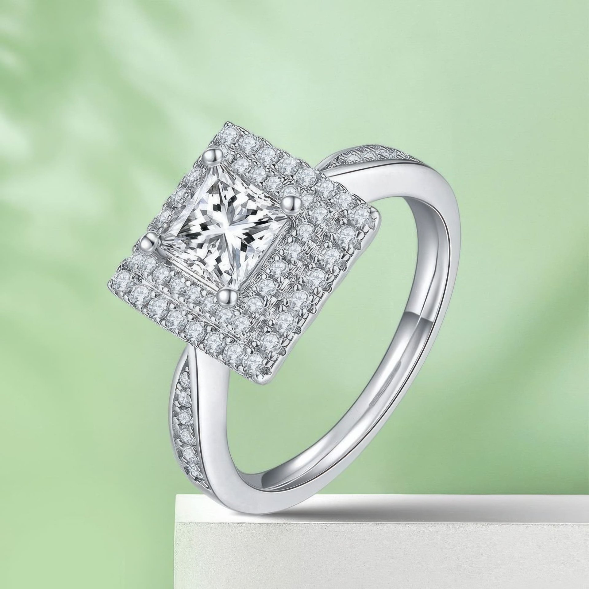 Square Cut Moissanite Halo Ring | 1ct DEF Princess-Cut Pave Statement Ring - Image 5