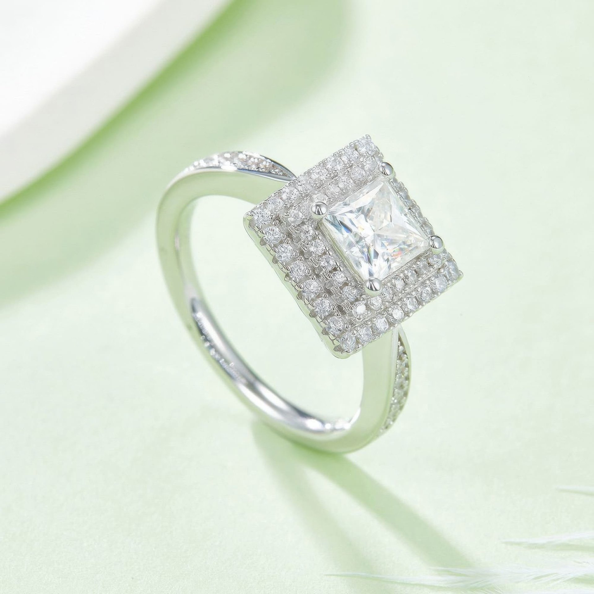 Square Cut Moissanite Halo Ring | 1ct DEF Princess-Cut Pave Statement Ring - alternate view