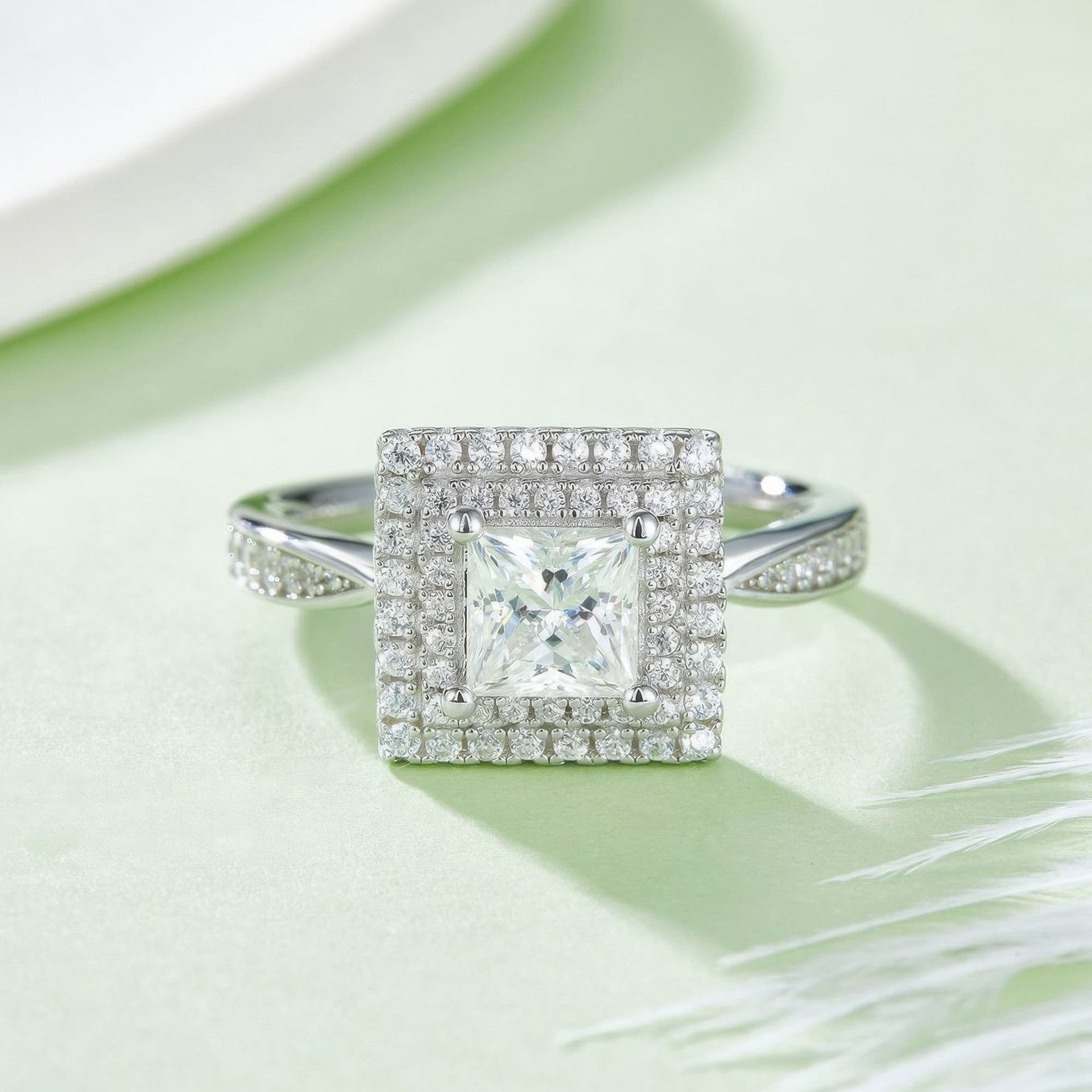 Square Cut Moissanite Halo Ring | 1ct DEF Princess-Cut Pave Statement Ring - Image 3