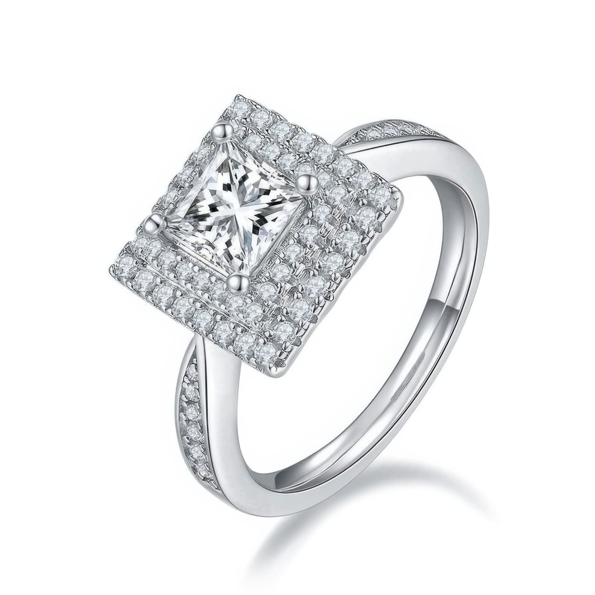 Square Cut Moissanite Halo Ring | 1ct DEF Princess-Cut Pave Statement Ring