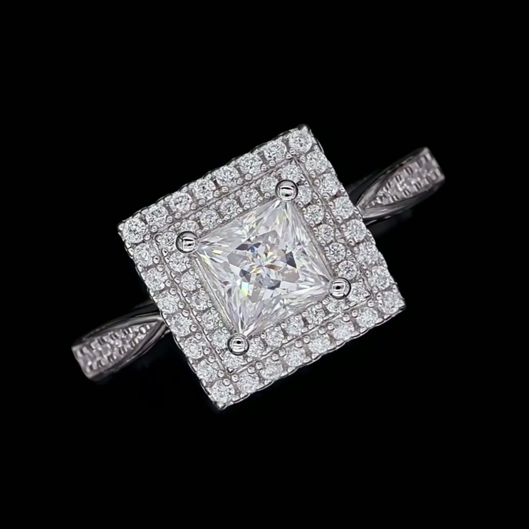 Square Cut Moissanite Halo Ring | 1ct DEF Princess-Cut Pave Statement Ring product video thumbnail