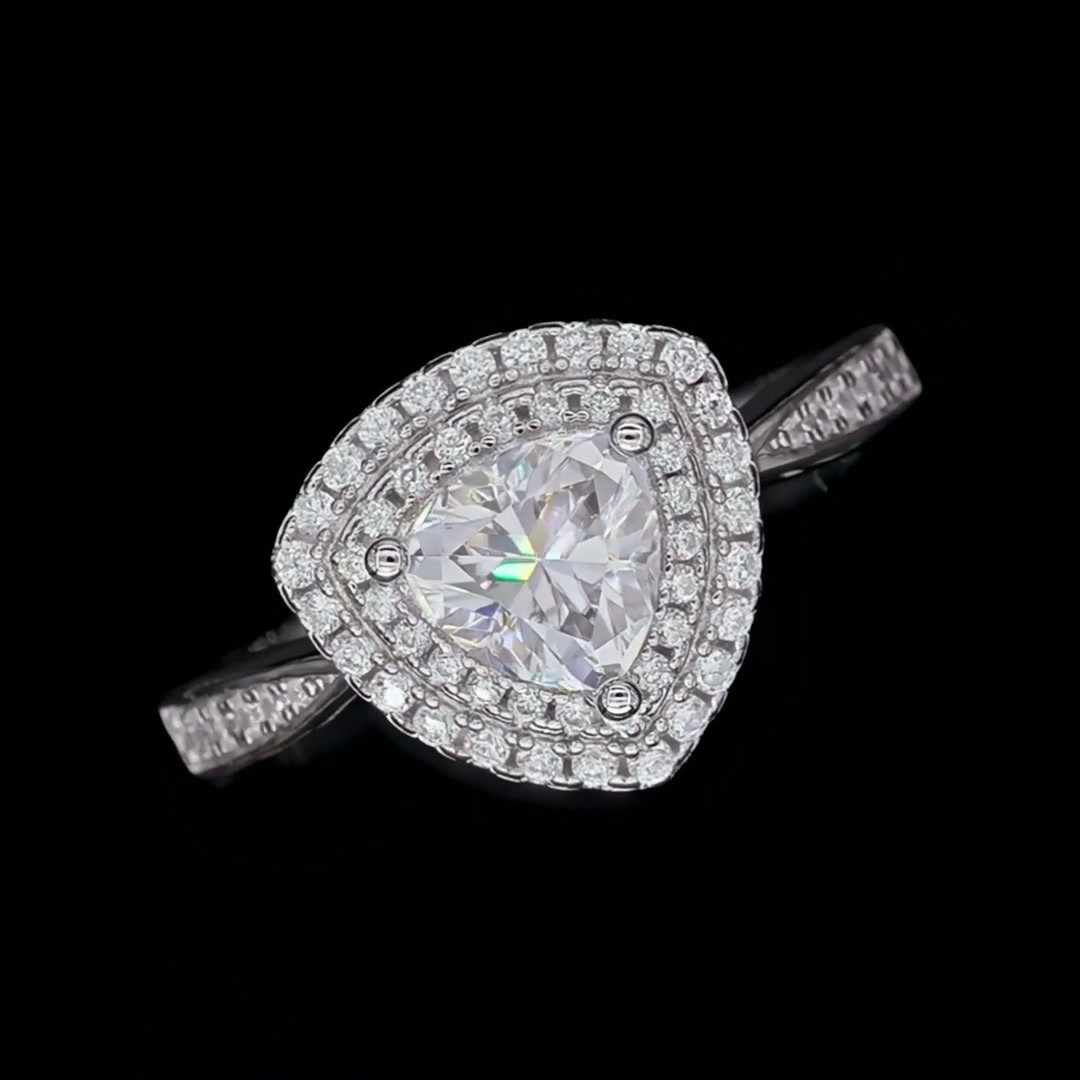 Modern Triangle Trillion-Cut Moissanite Halo Ring | 1ct DEW Pave Statement product video thumbnail