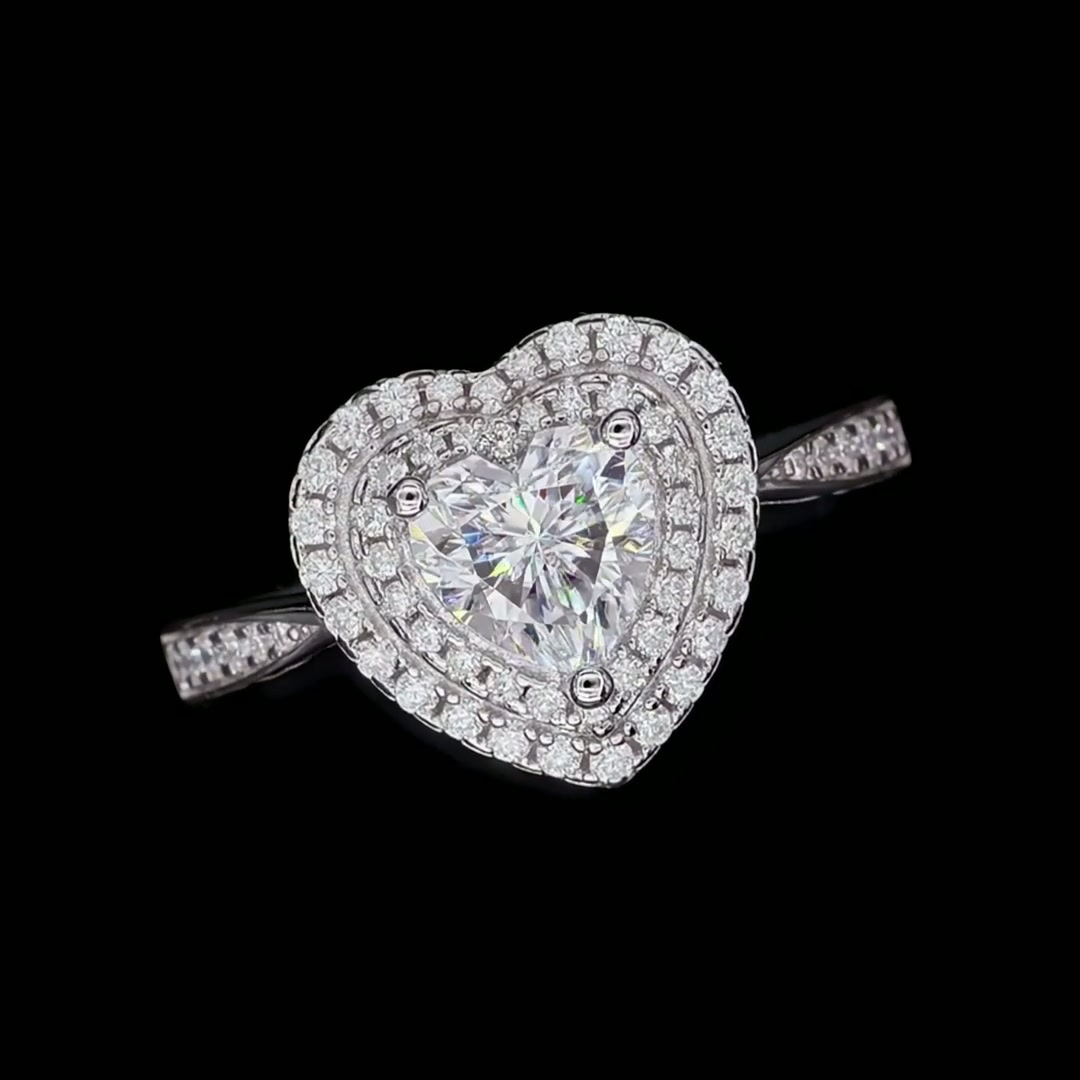 Heart Cut Moissanite Ring | 1ct DEW Double Halo | 925 Sterling Silver product video thumbnail