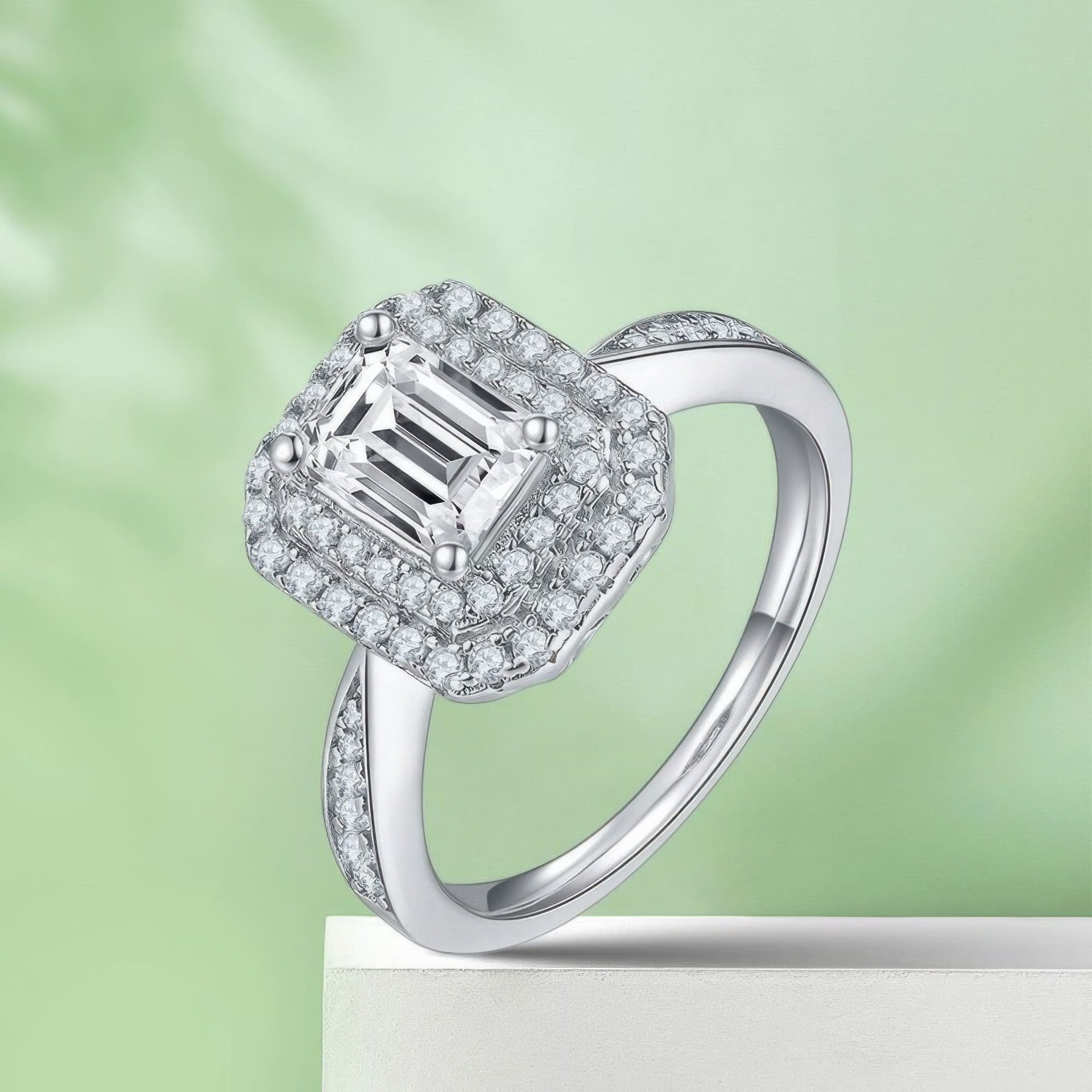 Emerald-Cut Moissanite Halo Ring | Rectangular 1ct DEW Pave 925 Sterling Silver - Image 5