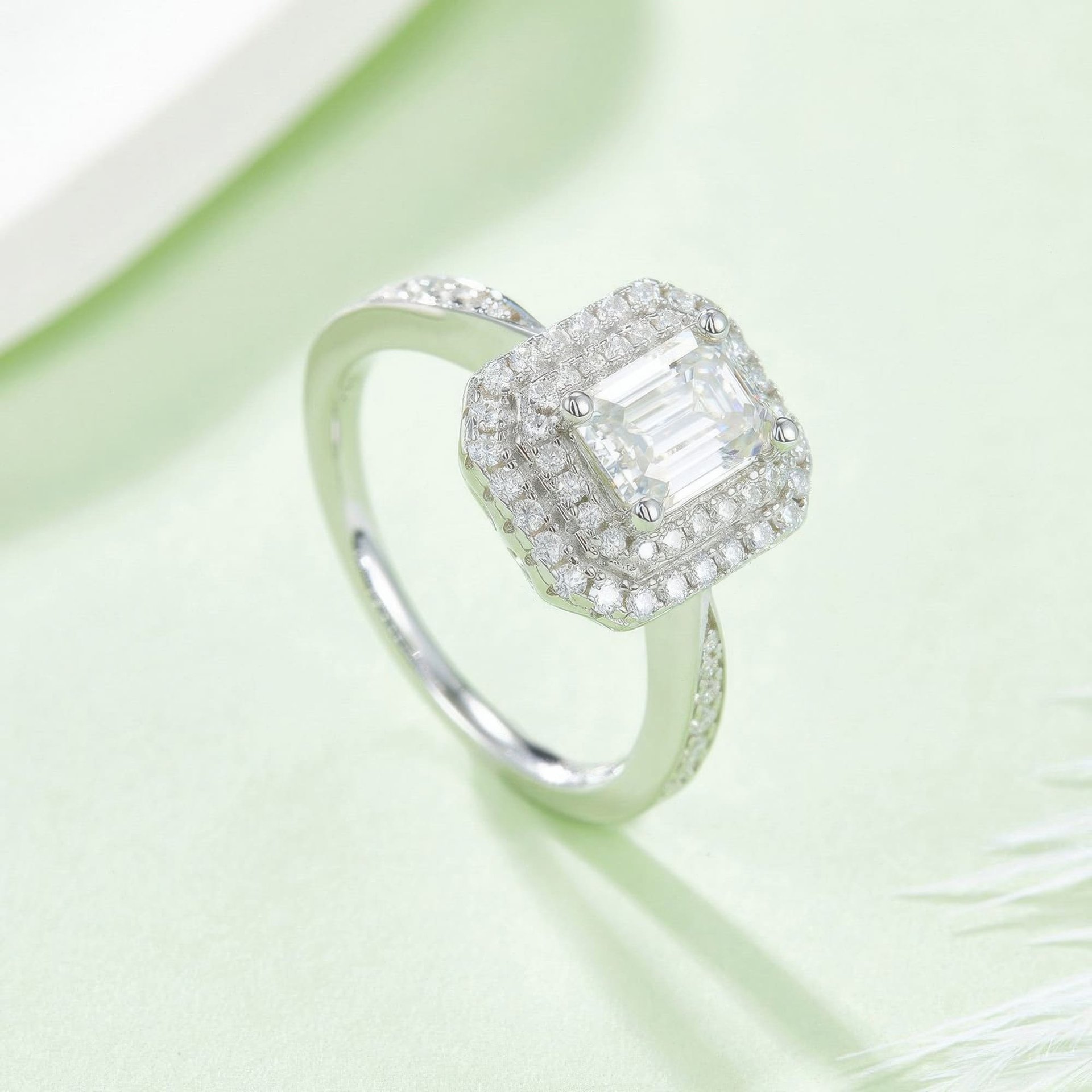 Emerald-Cut Moissanite Halo Ring | Rectangular 1ct DEW Pave 925 Sterling Silver - alternate view