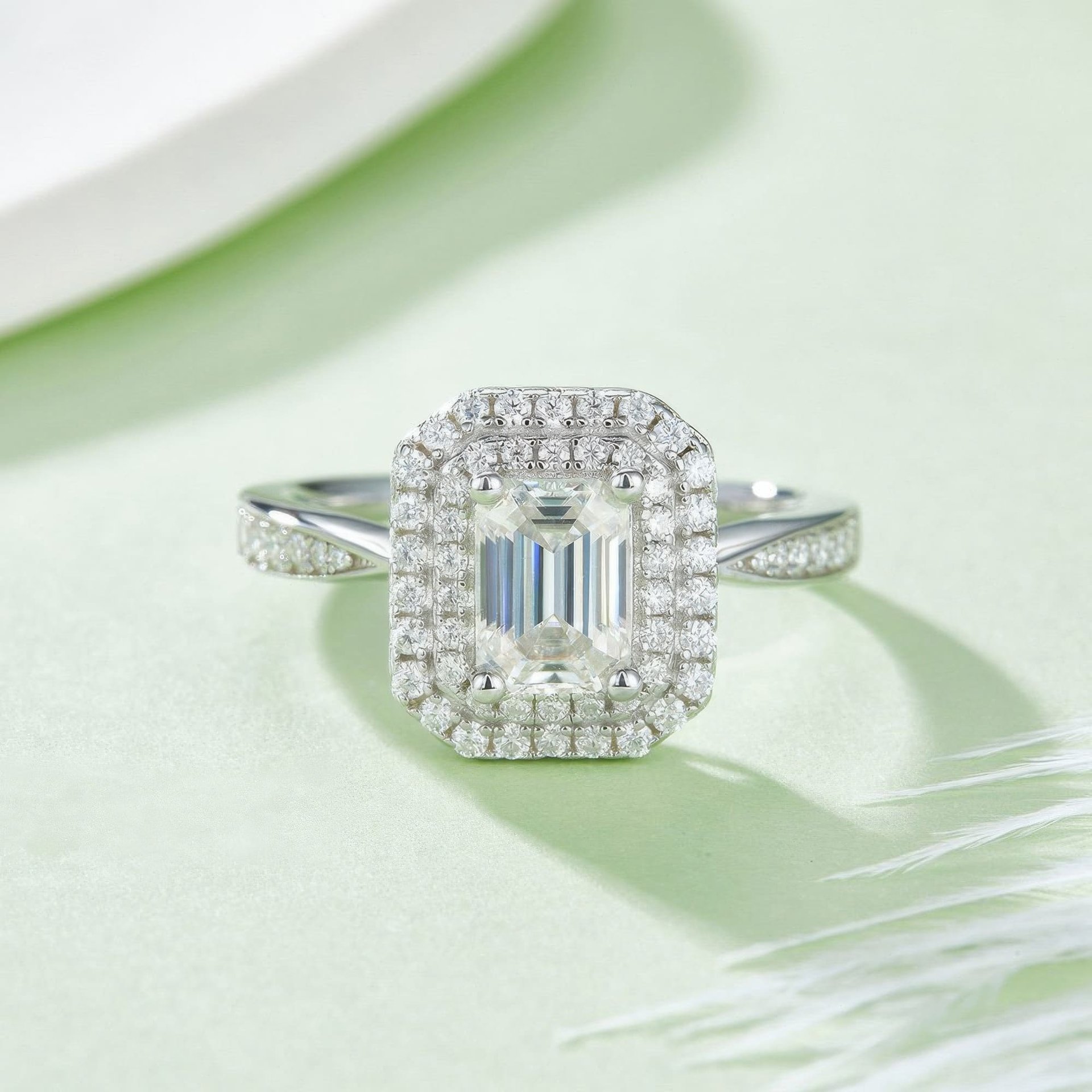 Emerald-Cut Moissanite Halo Ring | Rectangular 1ct DEW Pave 925 Sterling Silver - Image 3