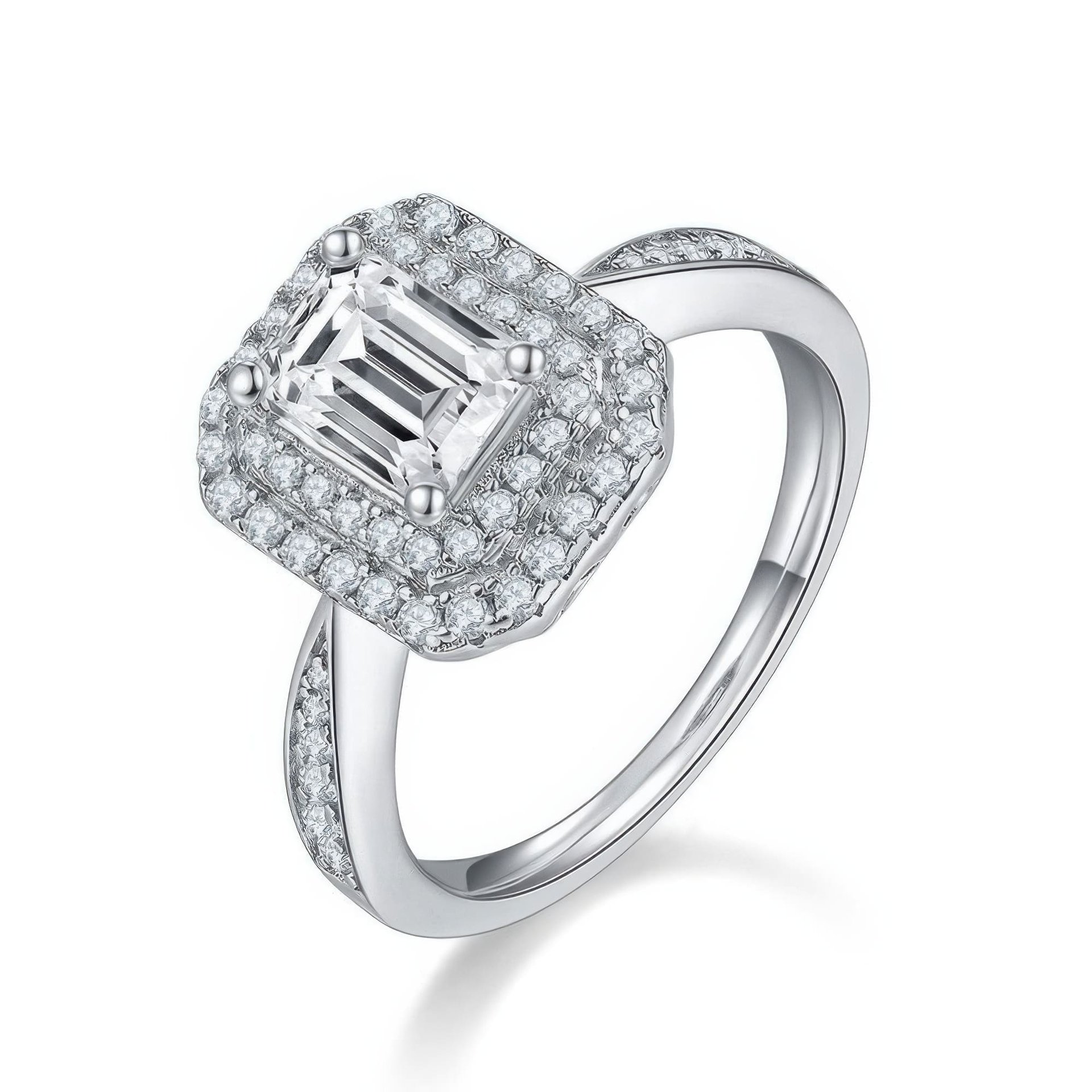 Emerald-Cut Moissanite Halo Ring | Rectangular 1ct DEW Pave 925 Sterling Silver
