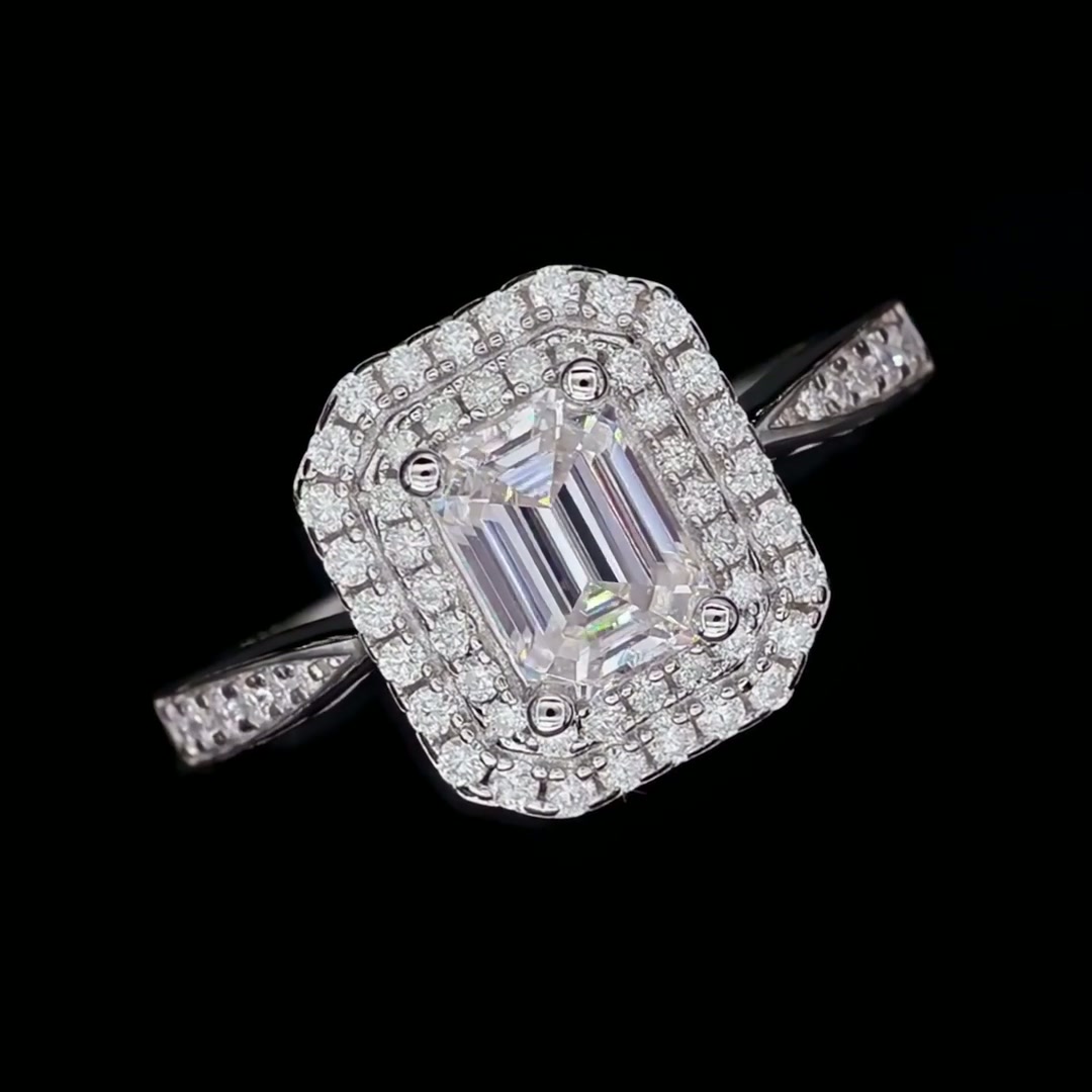 Emerald-Cut Moissanite Halo Ring | Rectangular 1ct DEW Pave 925 Sterling Silver product video thumbnail